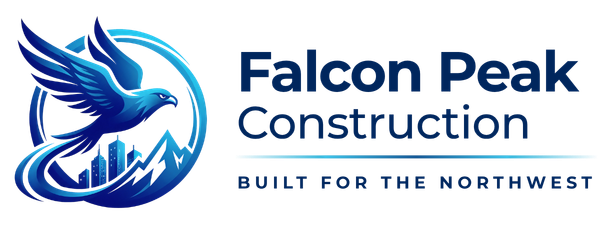 Falcon Peak Construction logo: a blue falcon in flight over a mountain skyline, with the tagline "Built for the Northwest"