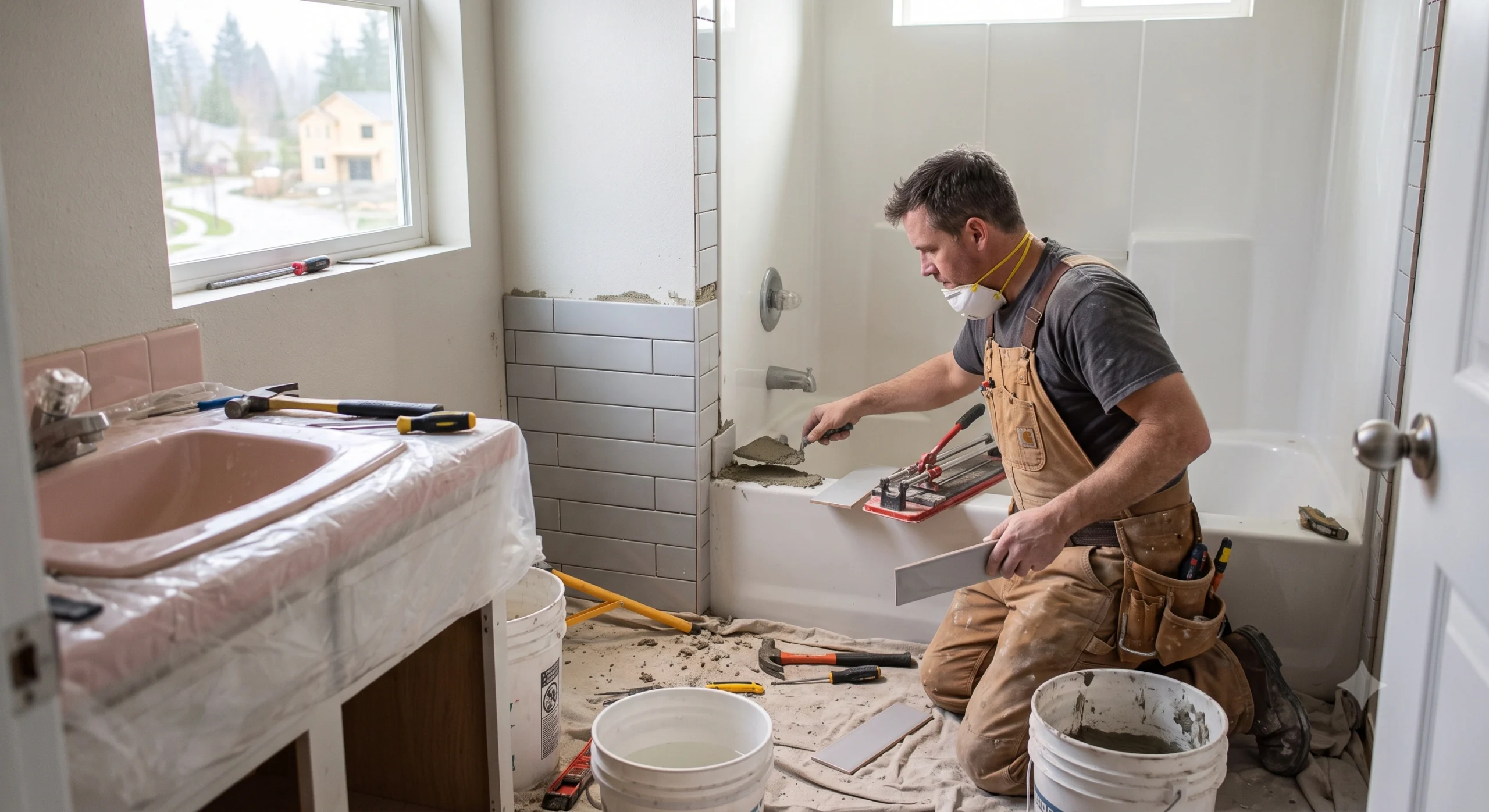 Tiler installing grey subway tiles around a bathtub, a project managed by a local General Contractor Black Diamond WA.