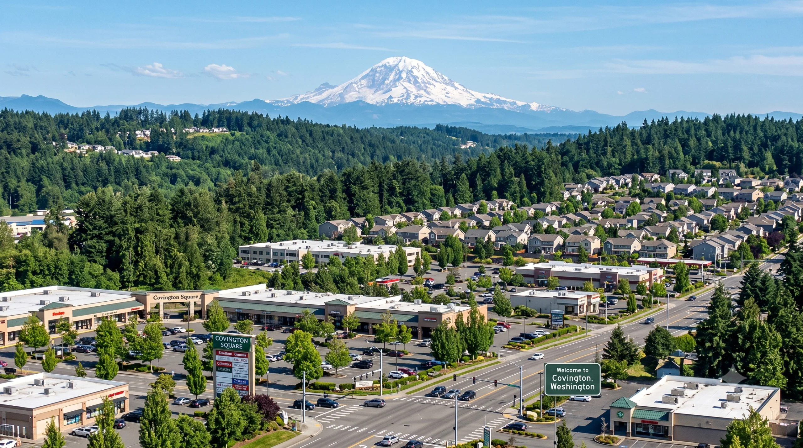Aerial view of Covington Square shopping center built near local services by a General Contractor Covington WA.