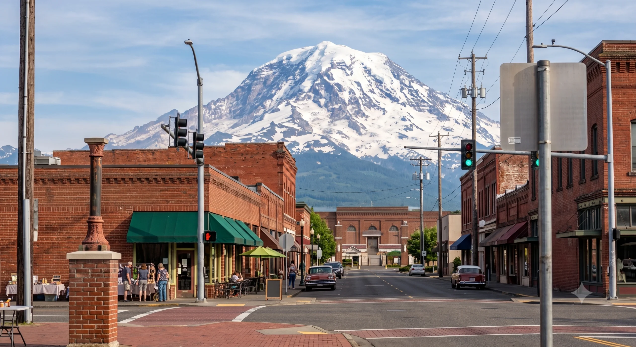 Street view in downtown Puyallup, WA, featuring historic brick buildings, people dining, and the massive snow-capped Mount Rainier.