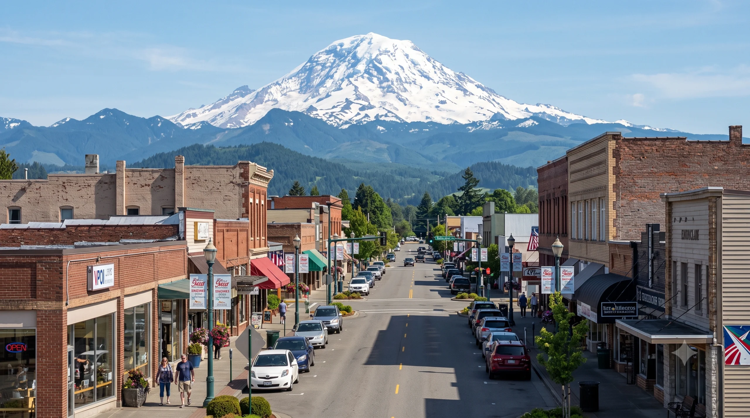 Historic street in downtown featuring local businesses and Mount Rainier, showcased by a General Contractor Enumclaw WA.