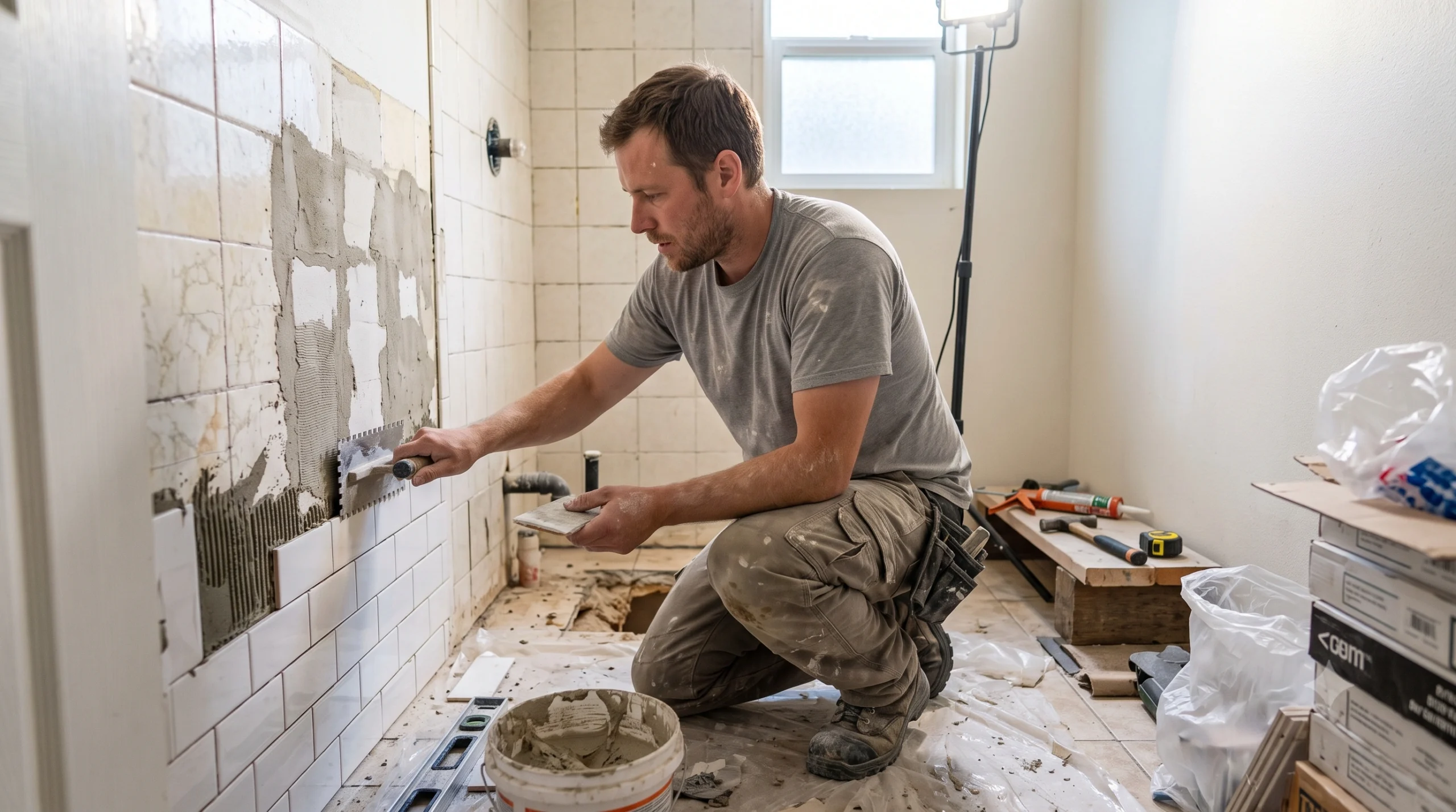 Kneeling General Contractor Orting WA worker installing white subway tiles on a bathroom wall using a notched trowel.