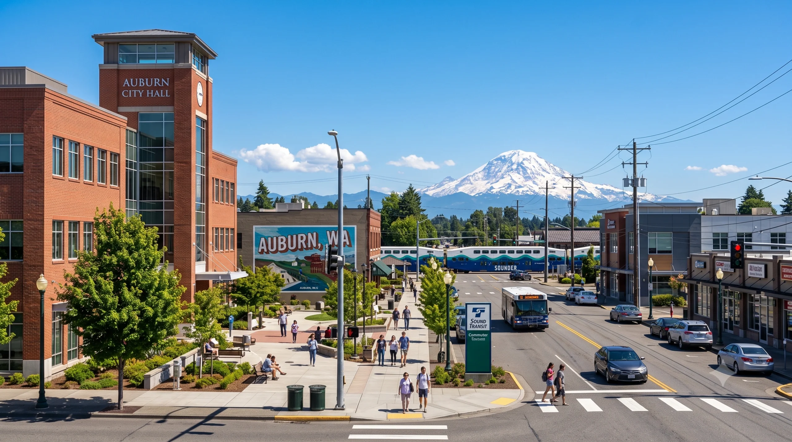 Auburn City Hall and downtown plaza near Mount Rainier, proudly served by a local General Contractor Auburn WA.