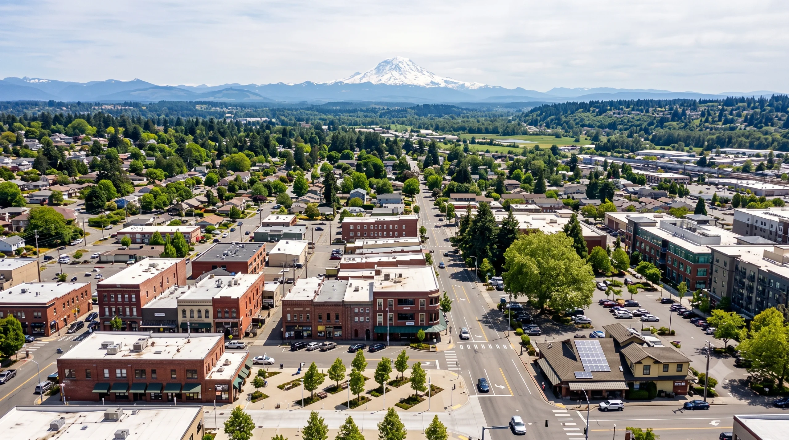 A scenic aerial view of downtown buildings and homes with Mount Rainier in the background by a General Contractor Auburn WA.