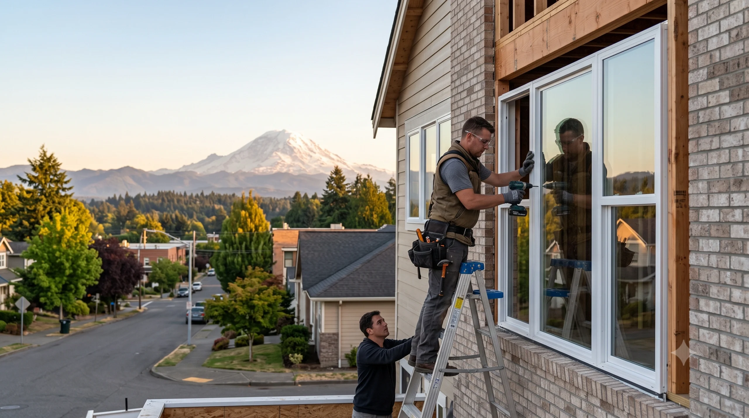 A construction team installs energy-efficient windows on a residential property managed by a reliable General Contractor Auburn WA.