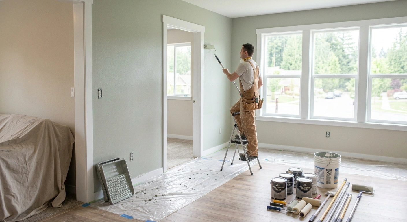 A General Contractor Black Diamond WA applies sage green paint to a residential wall during a home renovation.