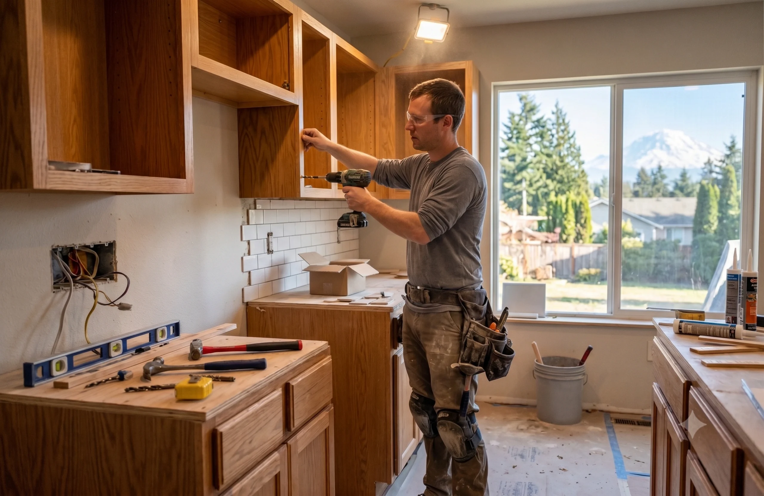 A carpenter installing oak upper cabinets using a power drill in a residential kitchen renovation, overseen by a General Contractor Bonney Lake WA.