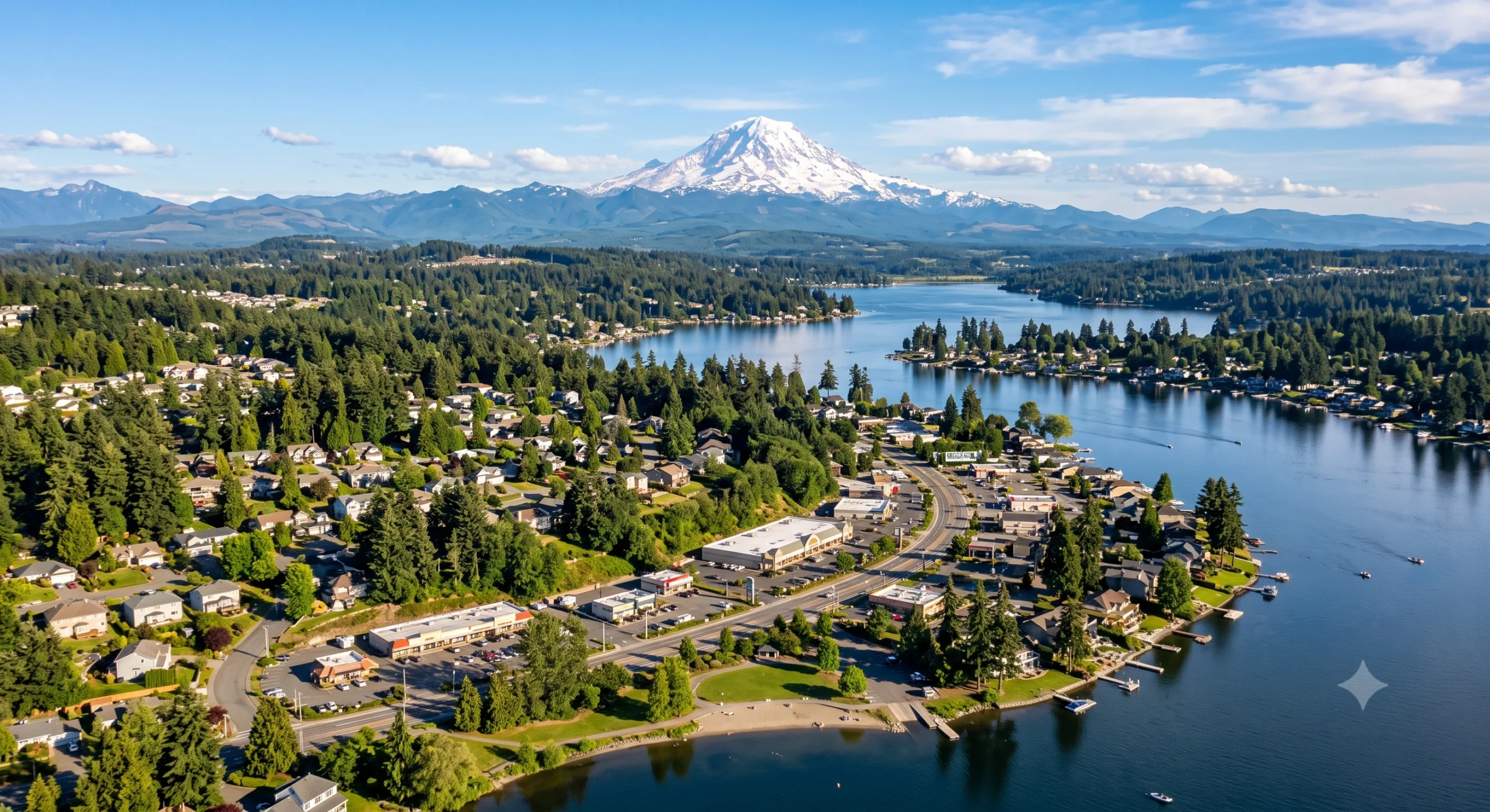 Aerial landscape of a lakeside neighborhood surrounded by trees and a snow-capped mountain, highlighting work by a General Contractor Bonney Lake WA.