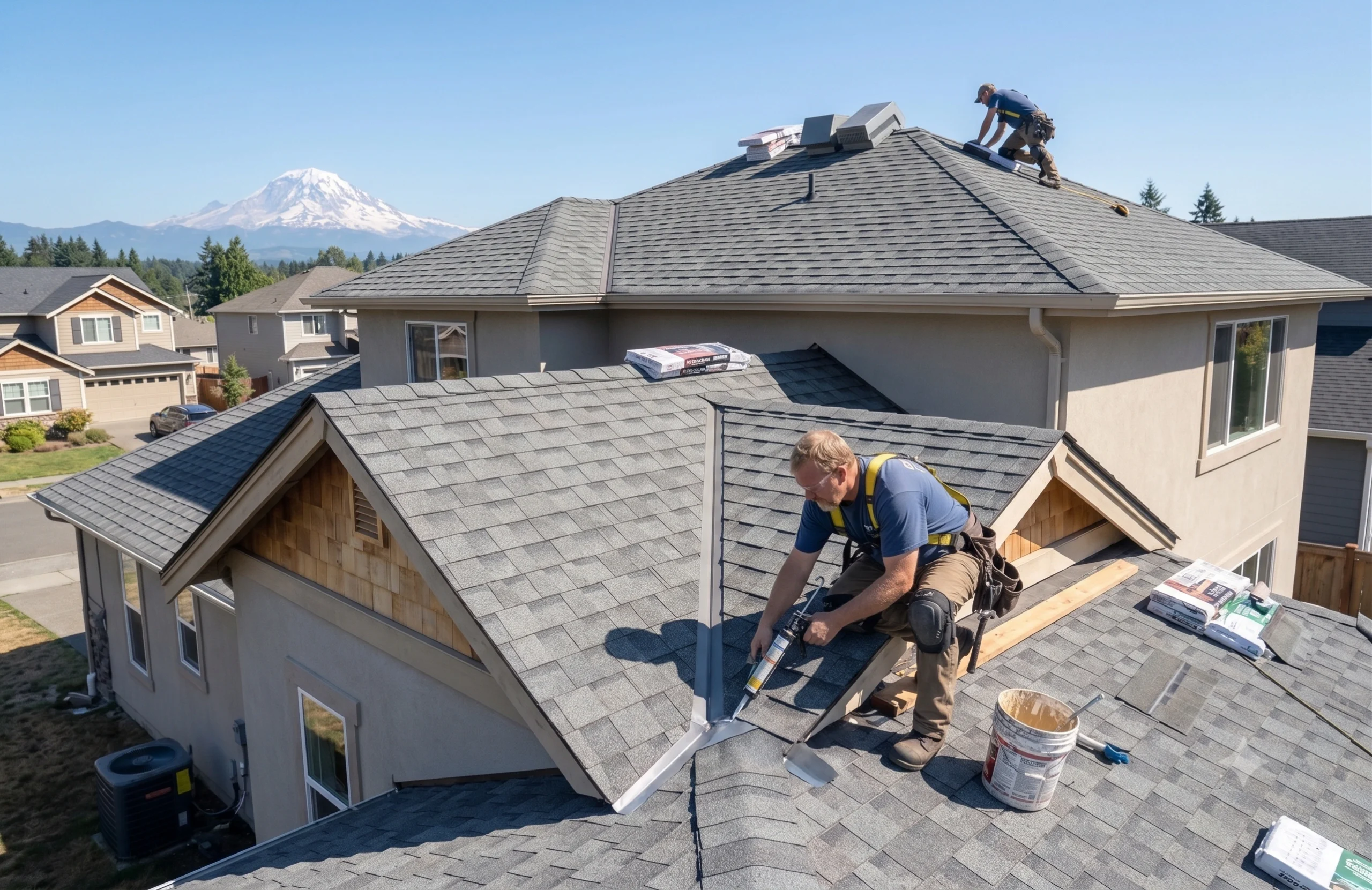 Roofing contractors applying sealant to asphalt shingles on a suburban roof, managed by a General Contractor Bonney Lake WA.