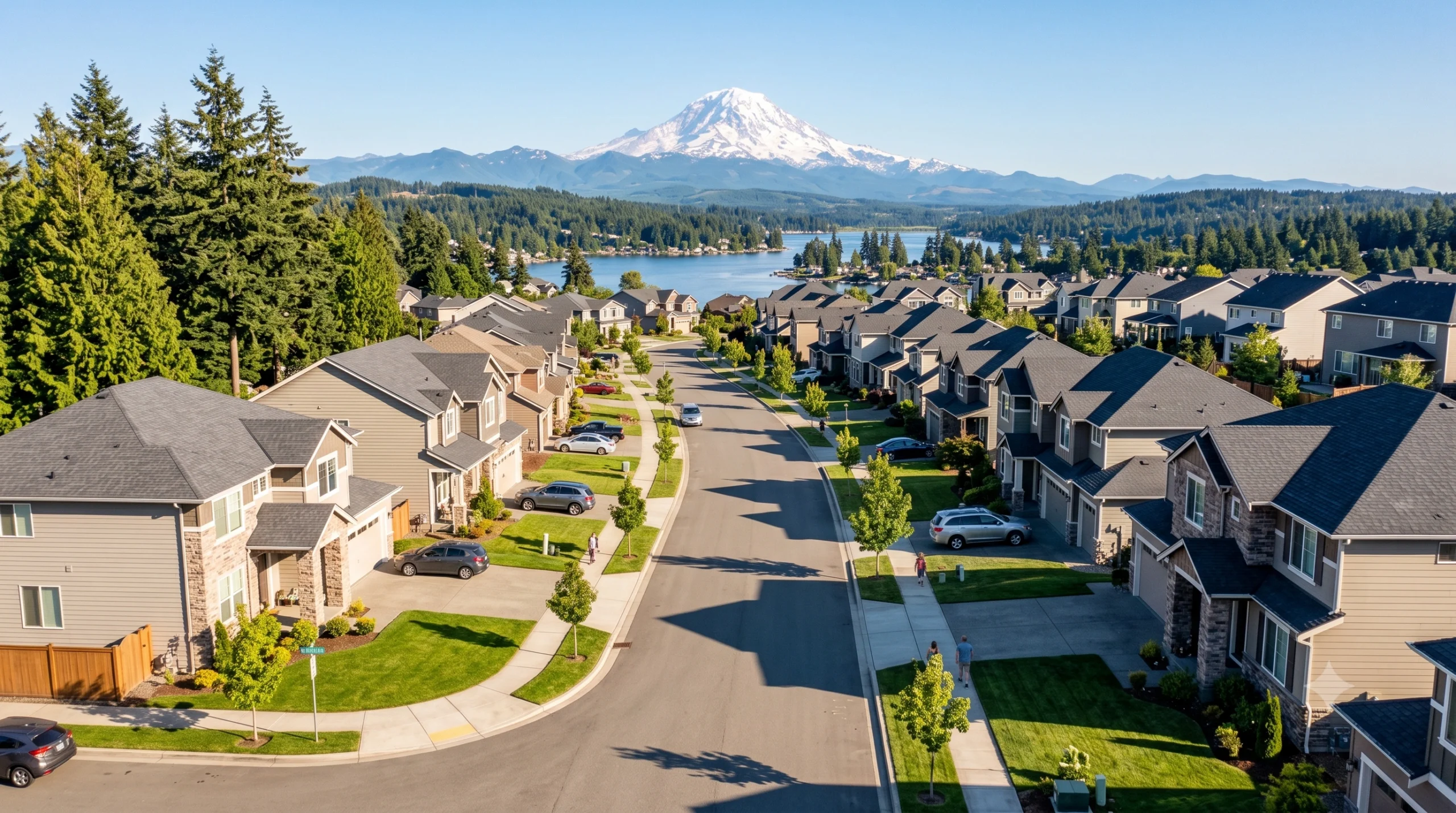 Suburban street with modern two-story homes, green lawns, trees, and Mount Rainier, crafted by a General Contractor Bonney Lake WA.