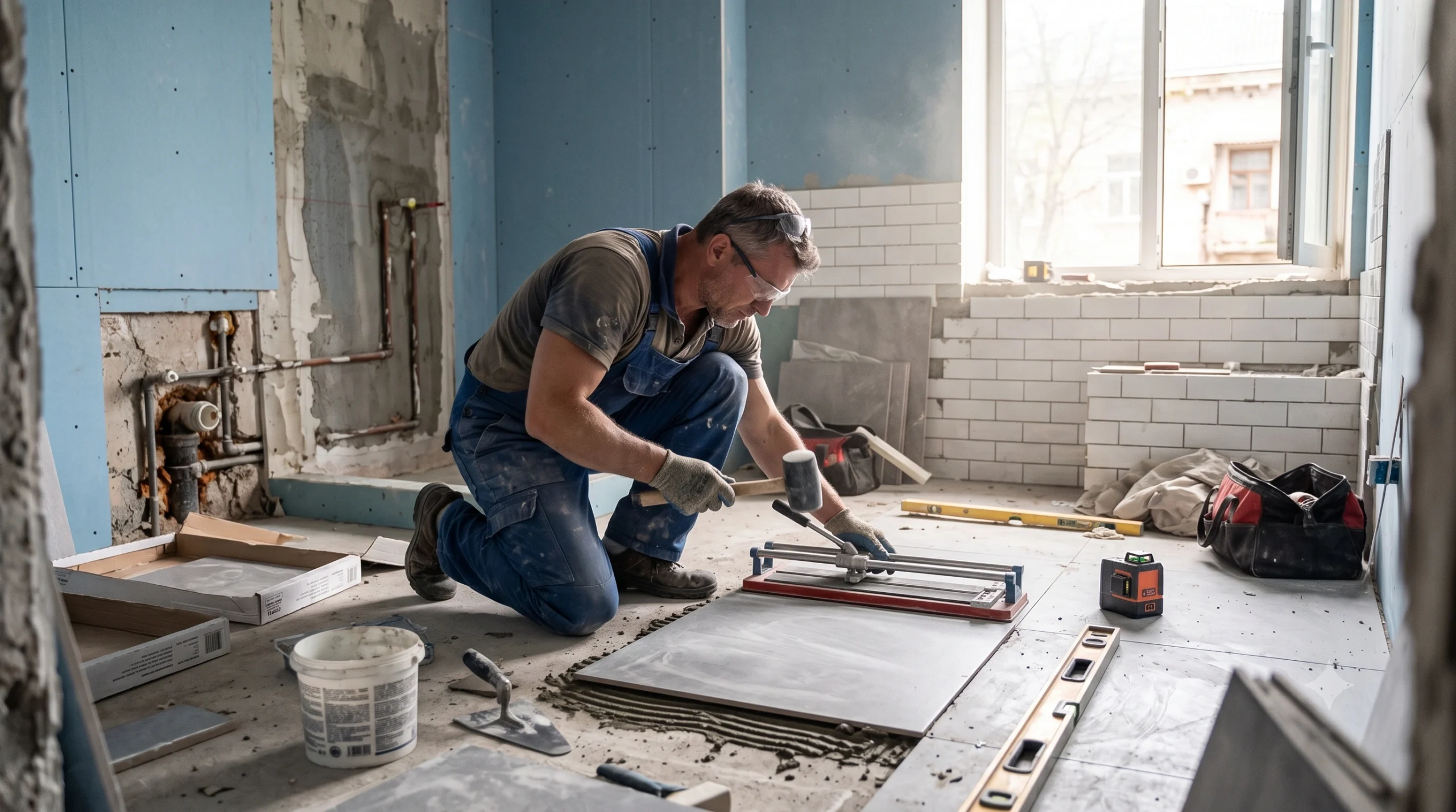 A craftsman setting floor tiles accurately while working for a top General Contractor Lakeland WA.