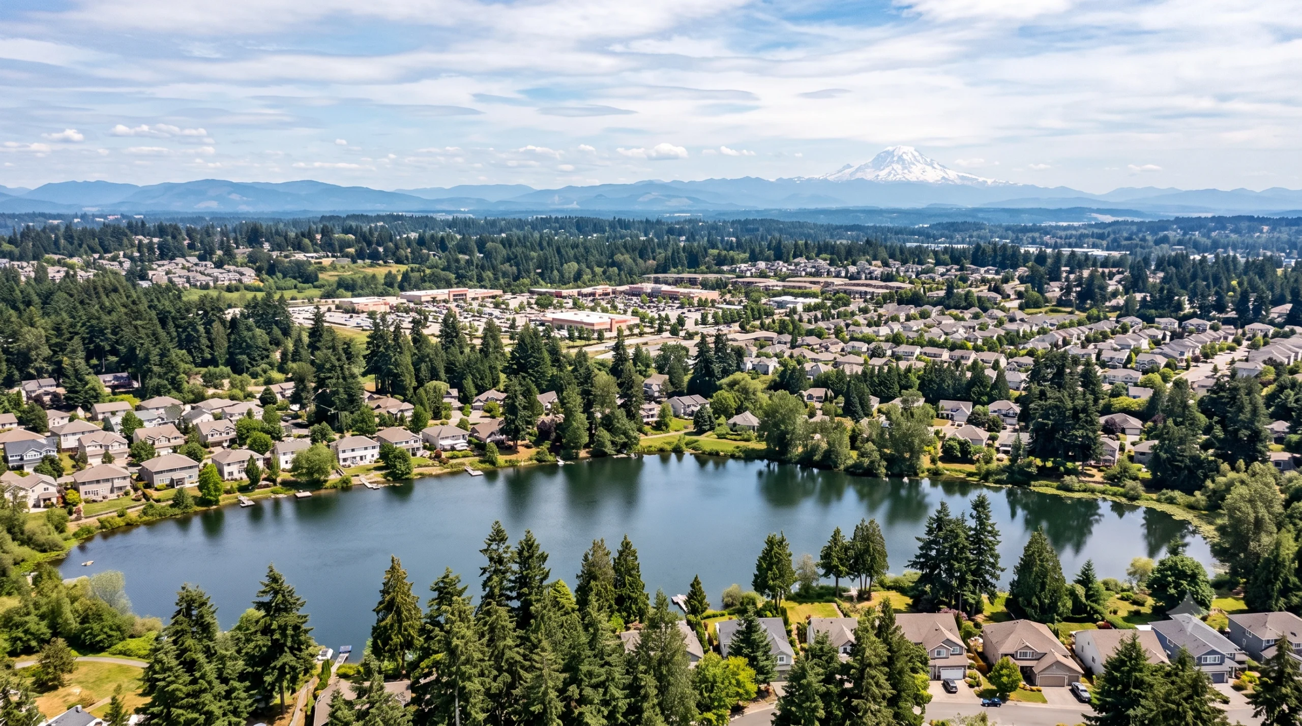 Lakeside houses nestled among pine trees, expertly constructed by a reliable General Contractor Lakeland WA.