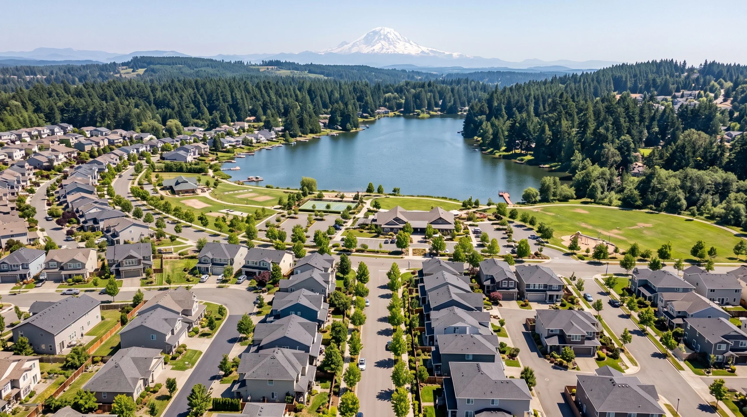 Aerial view of Lakeland WA homes near a scenic lake, crafted with precision by a local General Contractor Lakeland WA.