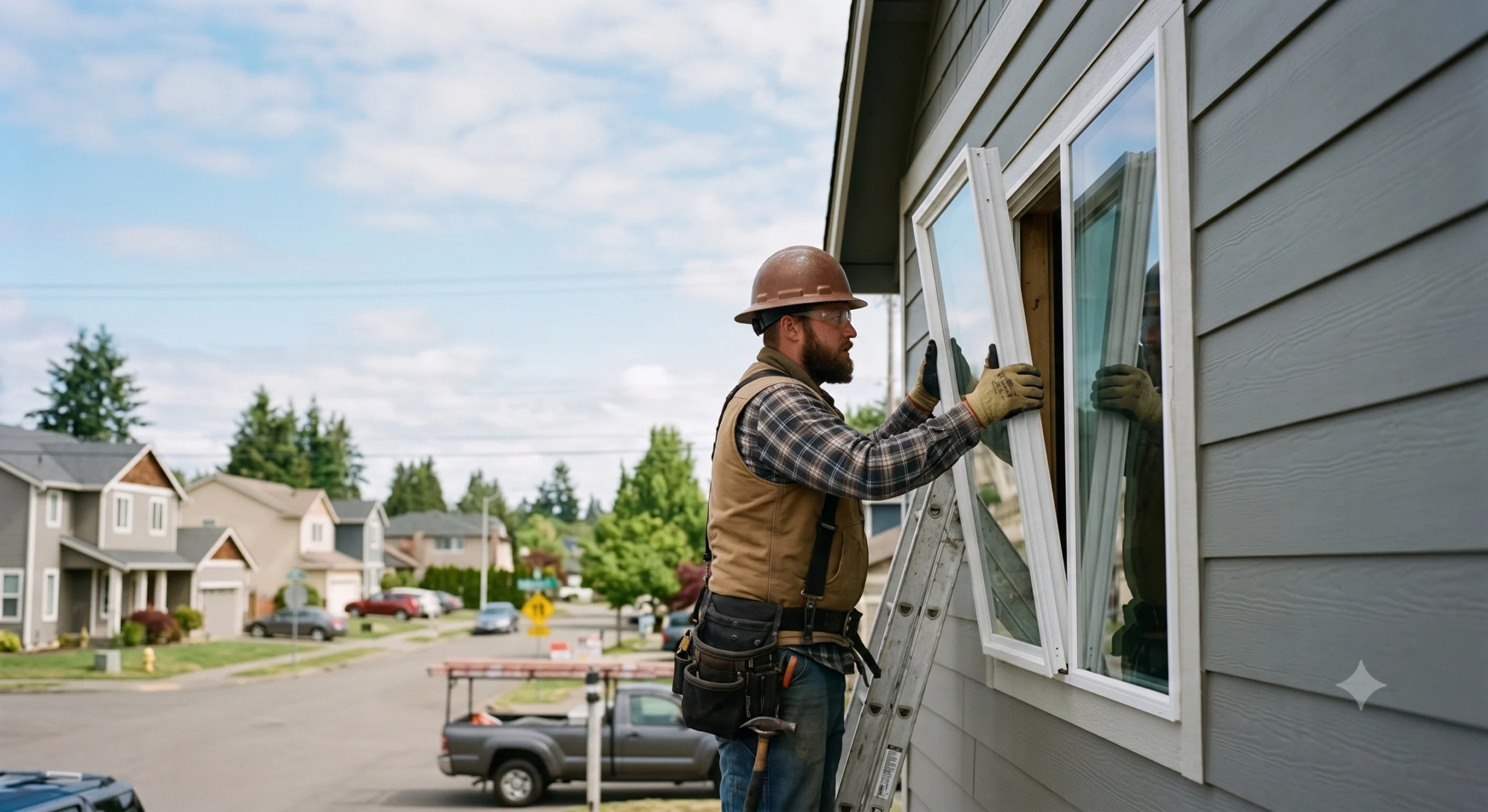 A construction worker wearing safety gear installs a new window on a house for a General Contractor Lakeland WA.