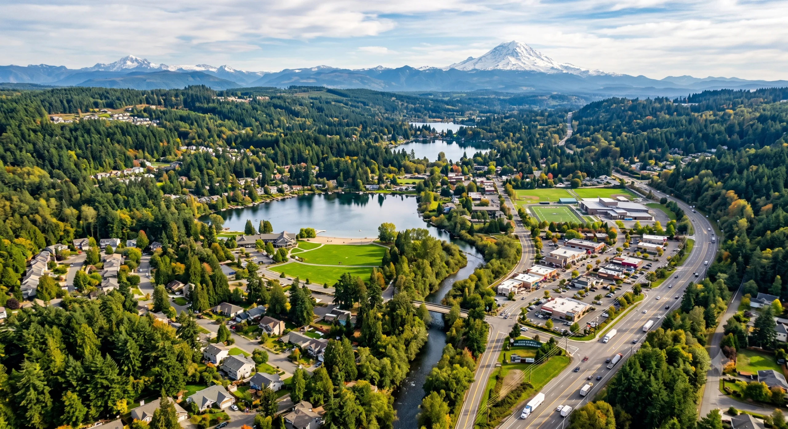 Panoramic view of a lush town with lakes, forests, and Mount Rainier, serviced by a General Contractor Maple Valley WA.