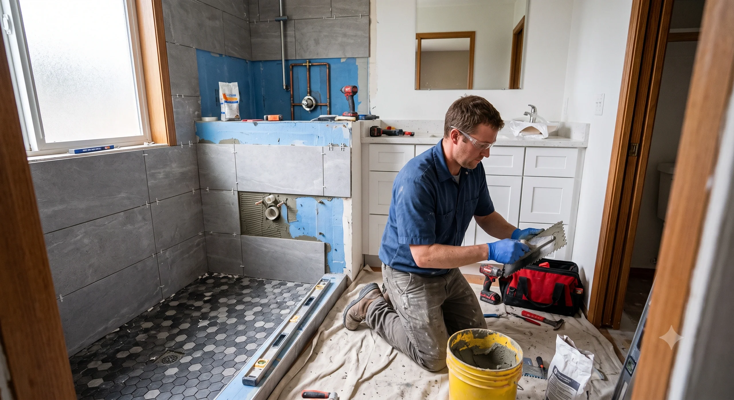 Tradesman applying mortar to wall tiles during a bathroom remodel by a General Contractor Maple Valley WA.