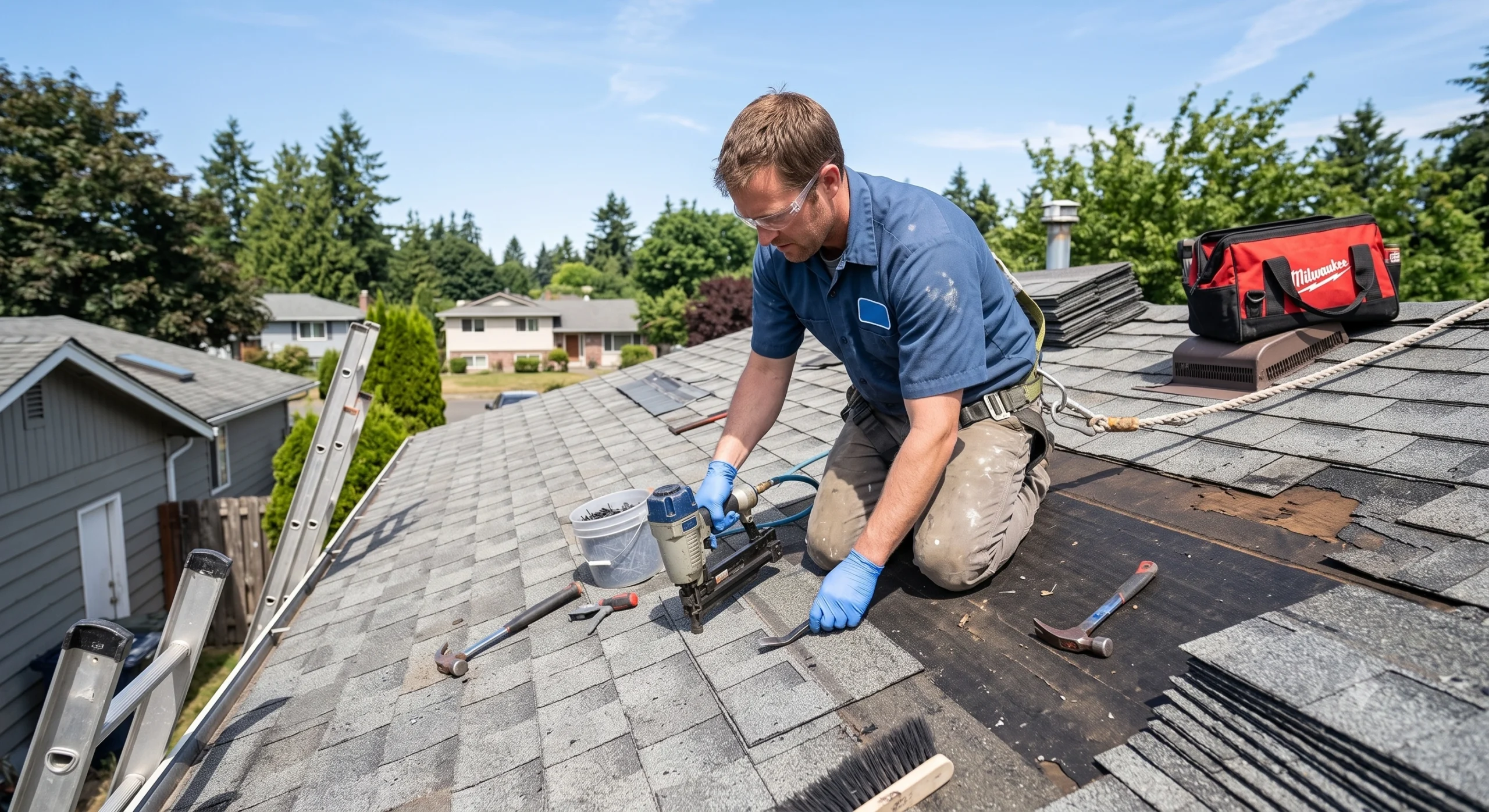 Roofer using a nail gun and safety harness on an asphalt shingle roof, managed by a General Contractor Maple Valley WA.