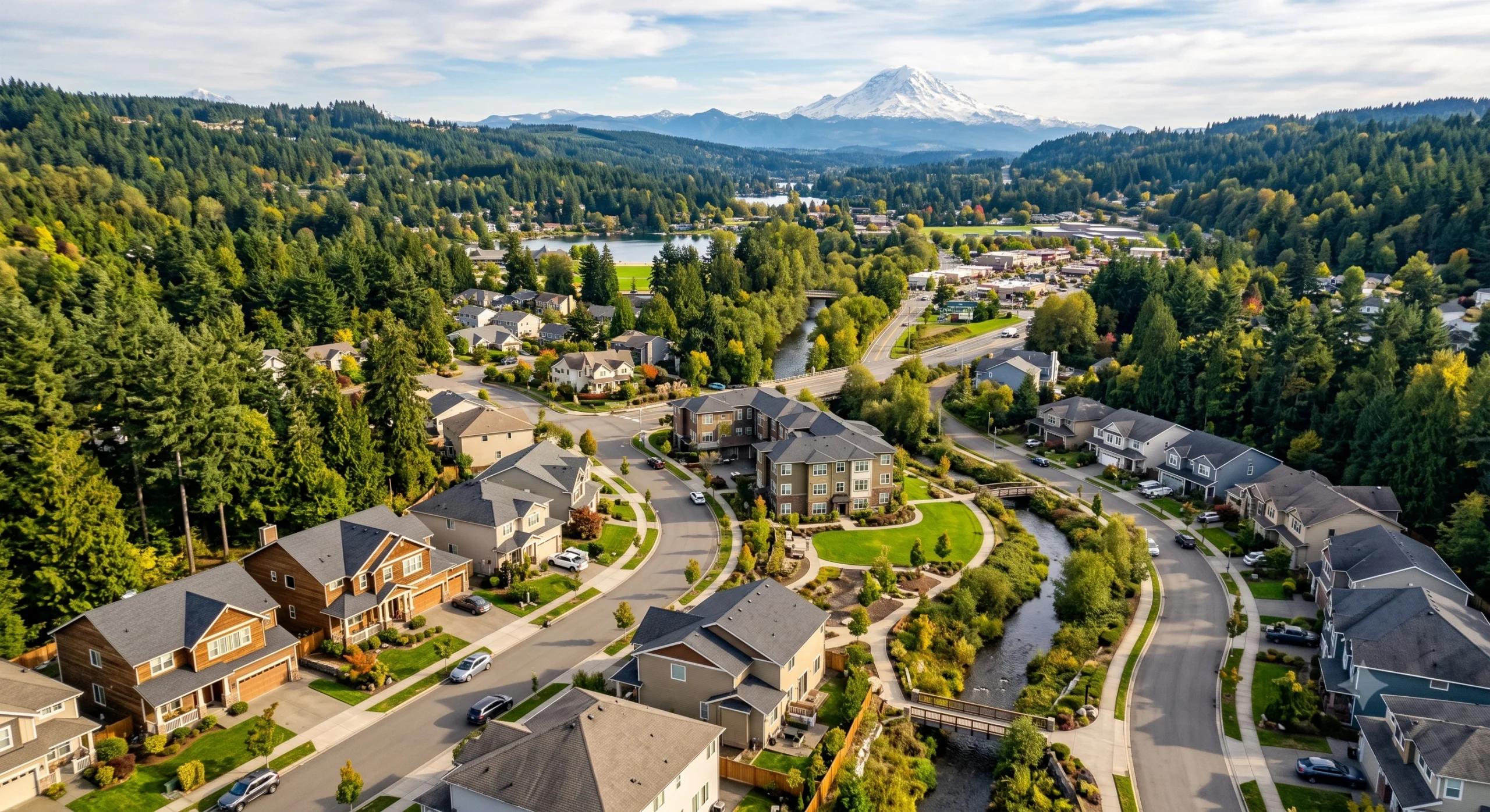 Aerial view of suburban houses along a stream, serviced by a General Contractor Maple Valley WA.