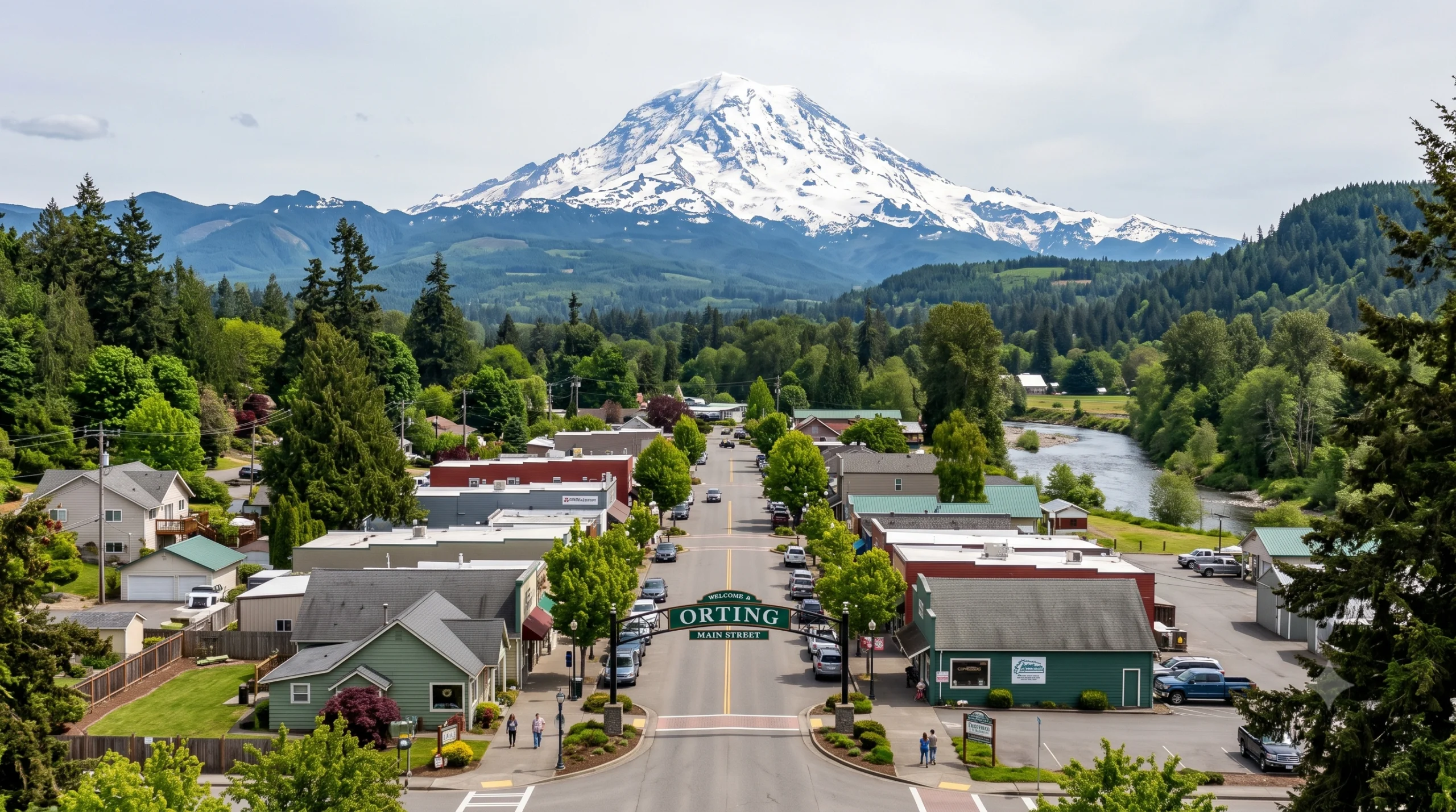 Downtown Orting street with Mount Rainier, built and upgraded by a reliable General Contractor Orting WA.
