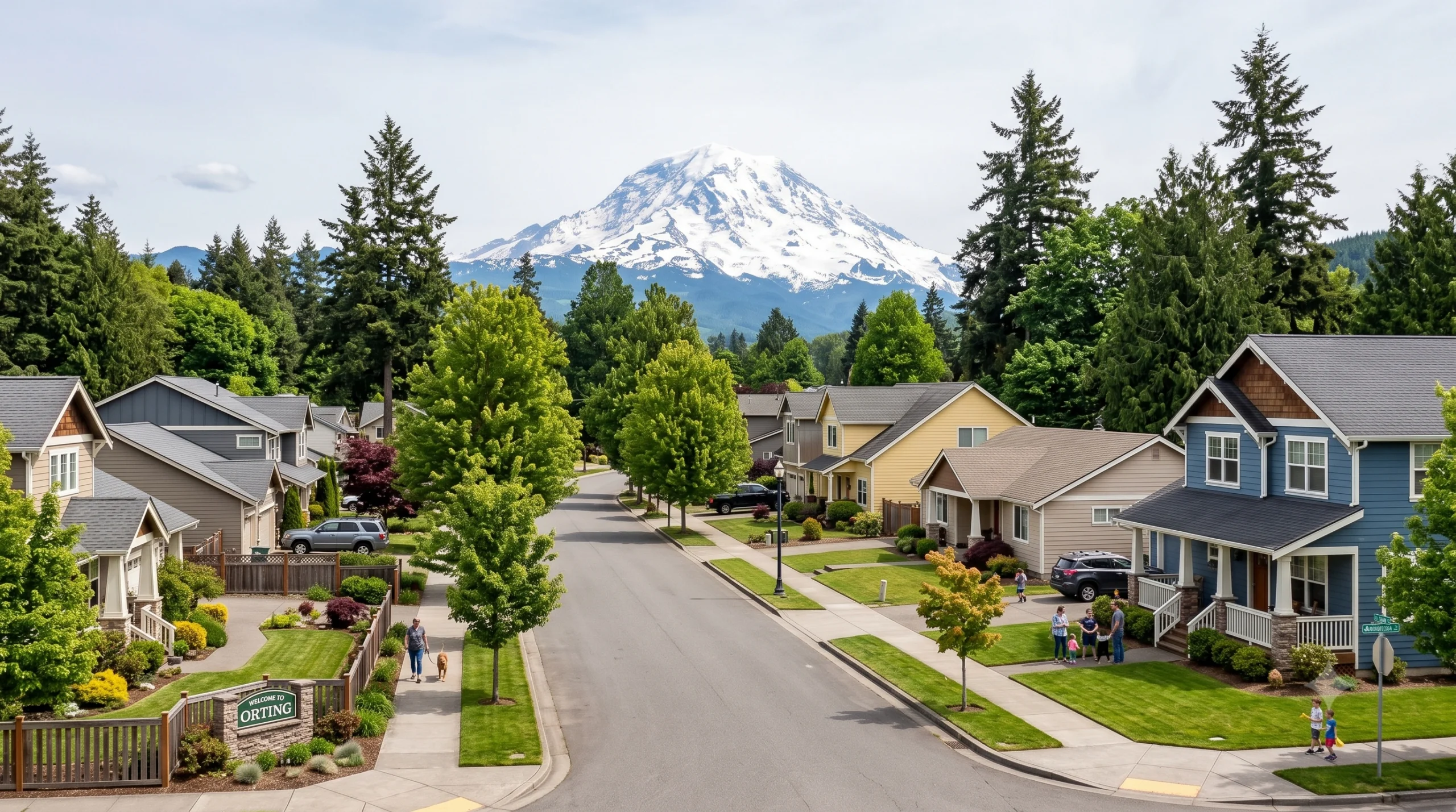 Residential street in Orting, WA, featuring homes built by a General Contractor Orting WA, with Mount Rainier in the background.