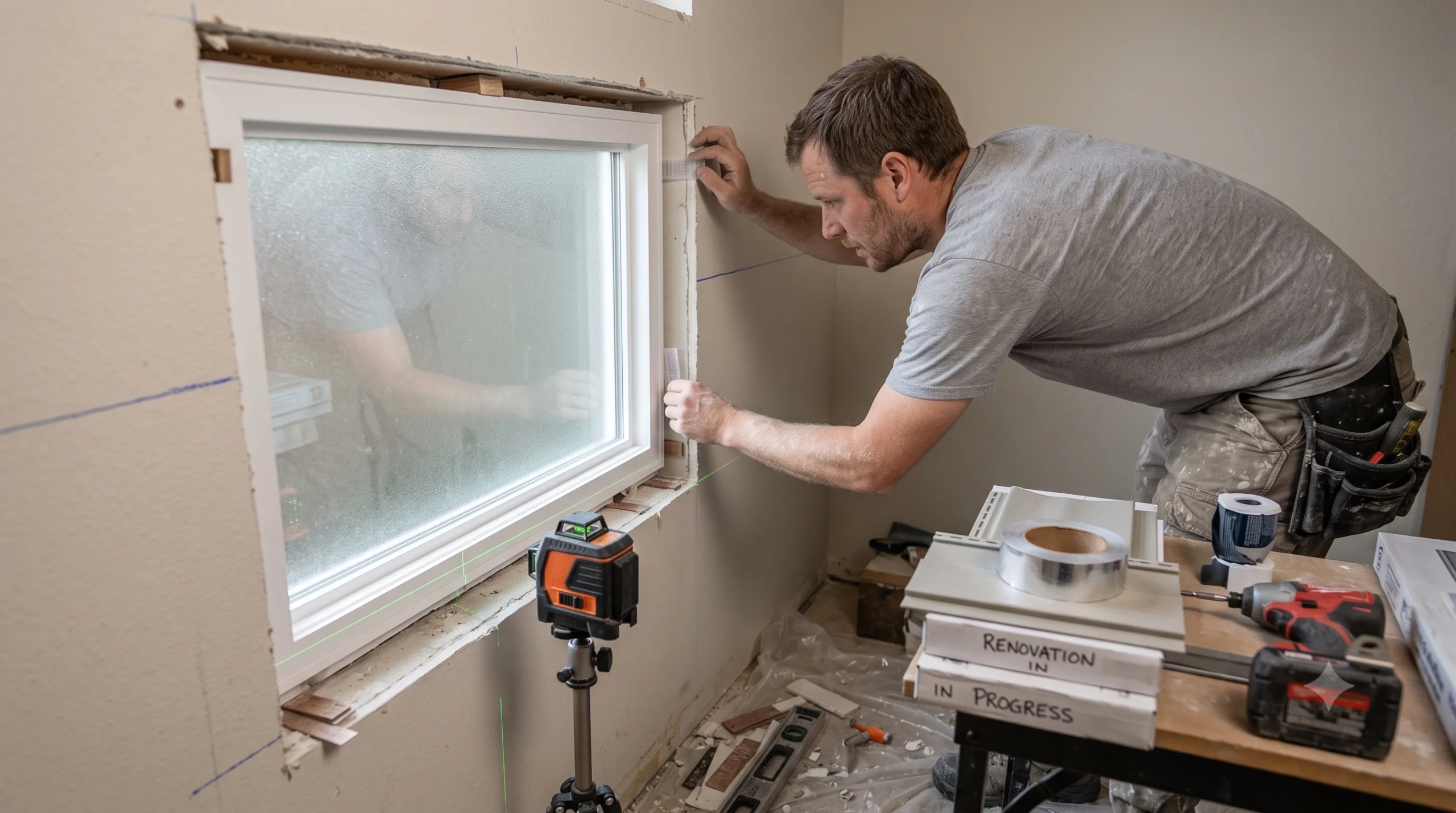 A skilled General Contractor Orting WA uses a laser level for accurate new window installation during a home renovation.