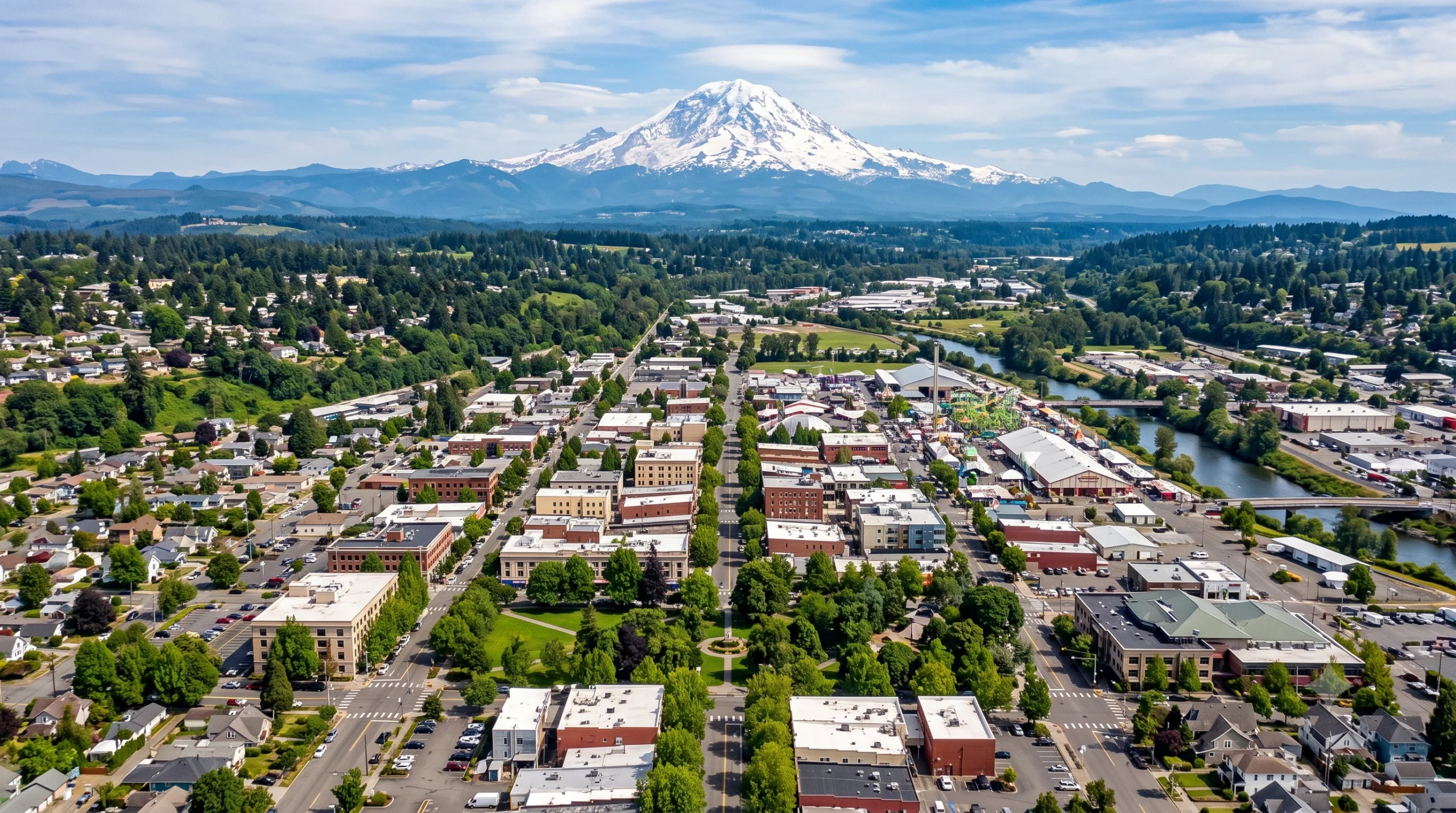 Aerial view of downtown streets and residential areas with Mount Rainier by a General Contractor Puyallup WA.