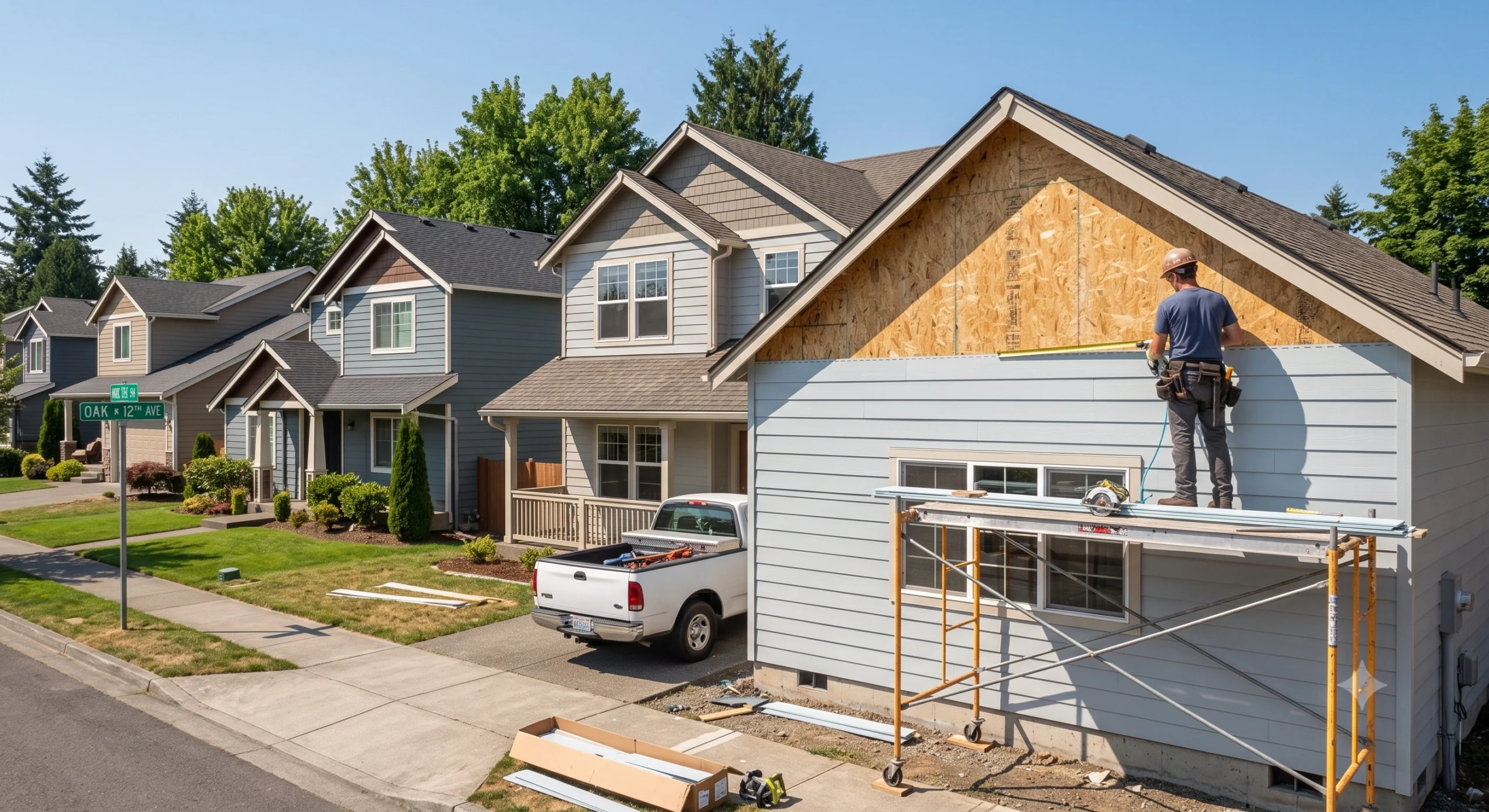 Worker installs siding on a house with a white truck parked nearby, representing a General Contractor Puyallup WA.