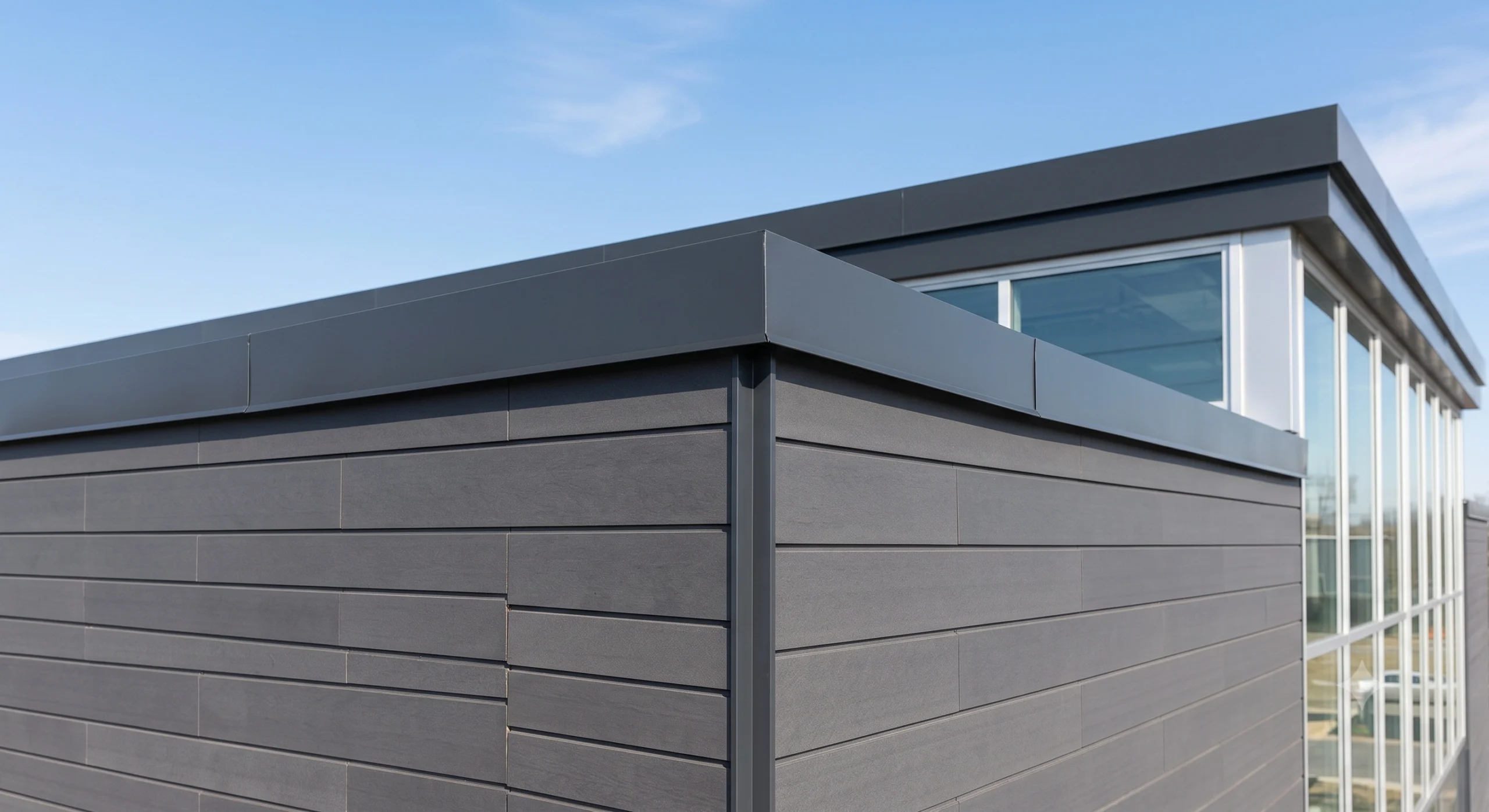 Gray composite siding and metal coping fitted on a building by a Commercial Exterior Contractor.