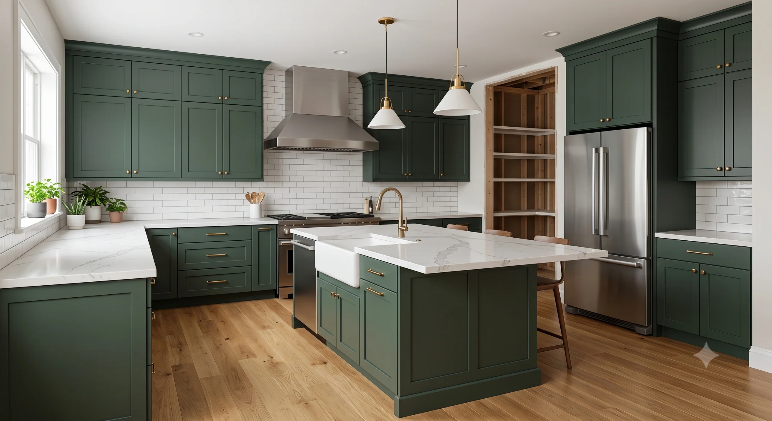 A view of a kitchen featuring forest green shaker cabinets, white quartz countertops, and brass pendant lights.