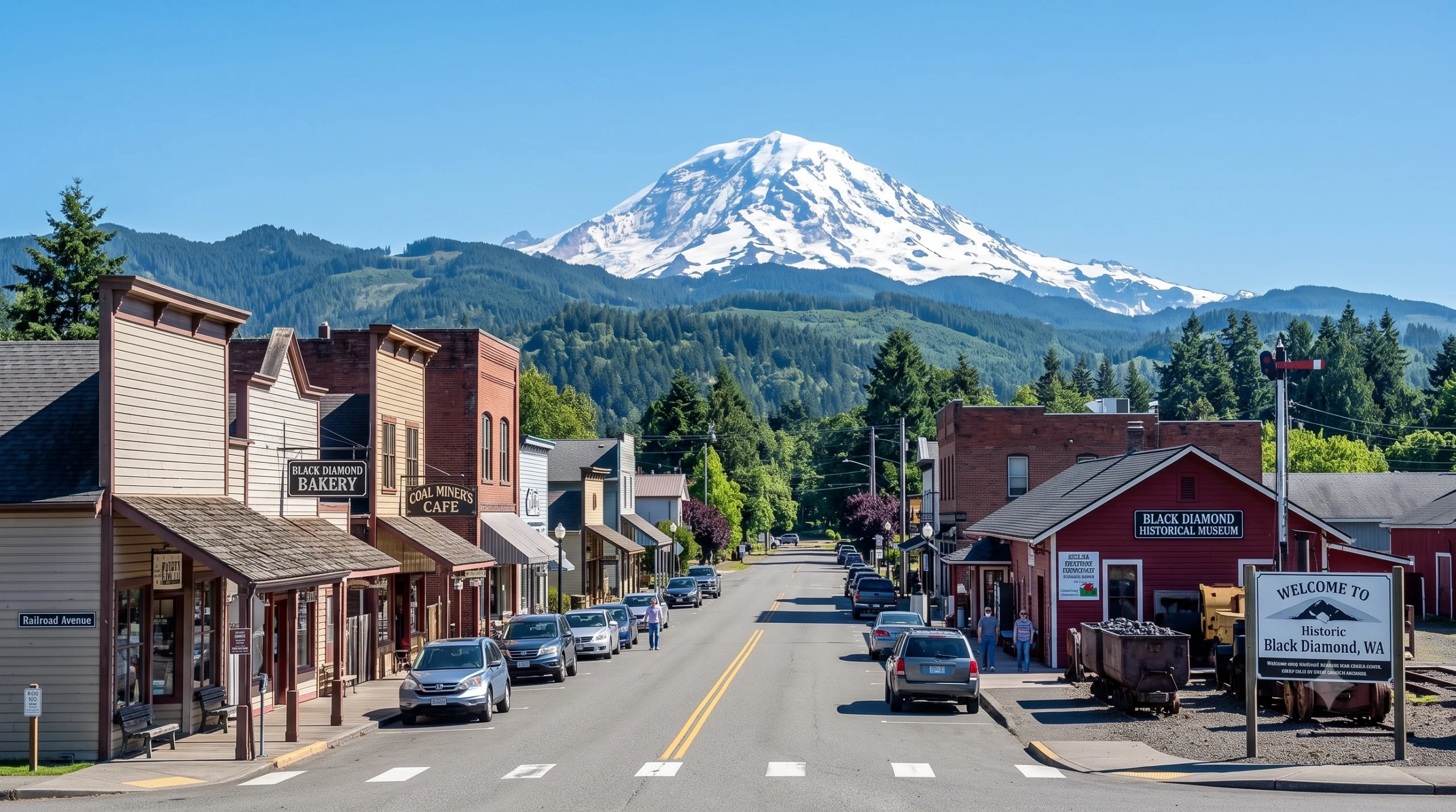 Historic town street facing Mount Rainier, showcasing a picturesque area for a General Contractor Black Diamond WA.