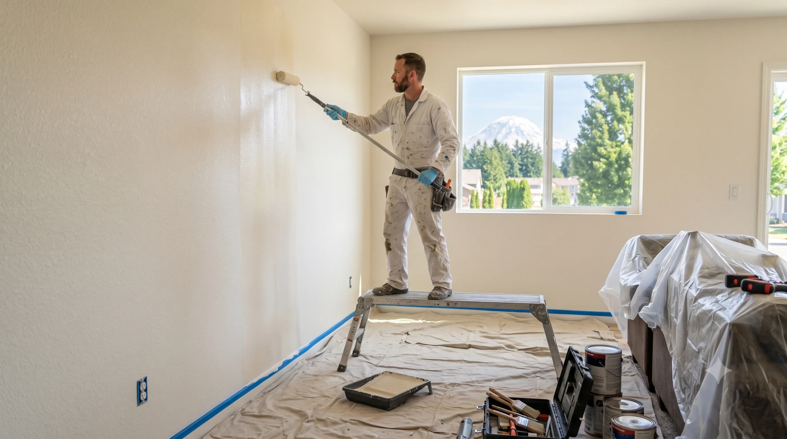 A skilled General Contractor Covington WA uses a roller to paint an interior room with a mountain view.