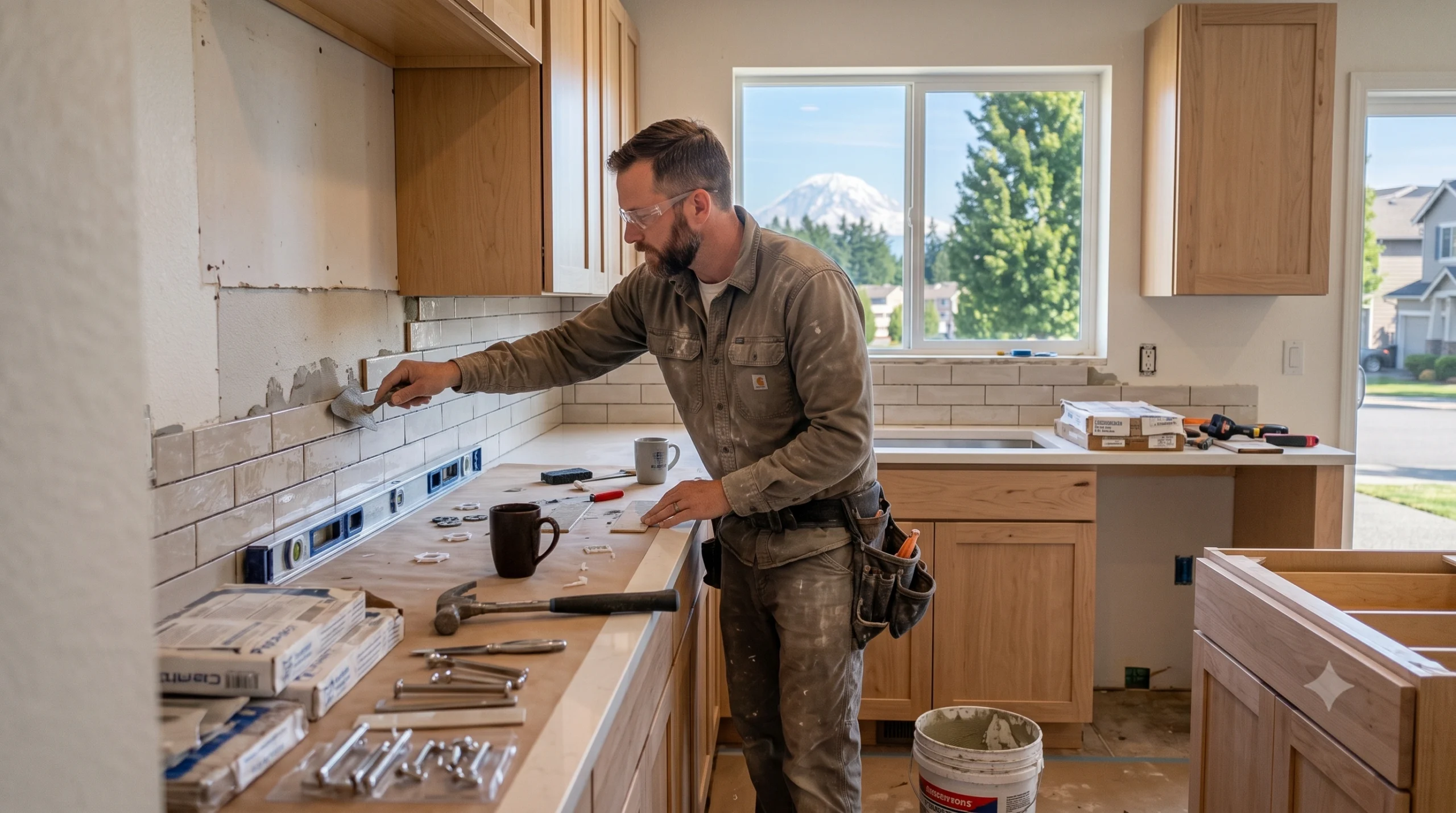 Craftsman installing subway tile backsplash during a renovation project led by a General Contractor Covington WA.