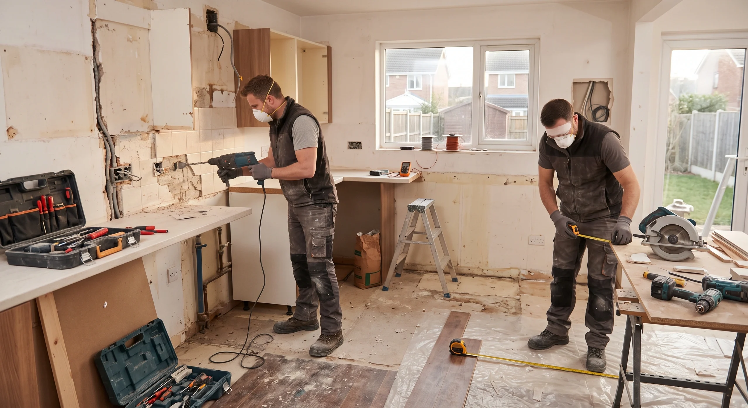 Two contractors in face masks work on a kitchen remodel with a rotary hammer and measuring tape in an Auburn, WA, home.