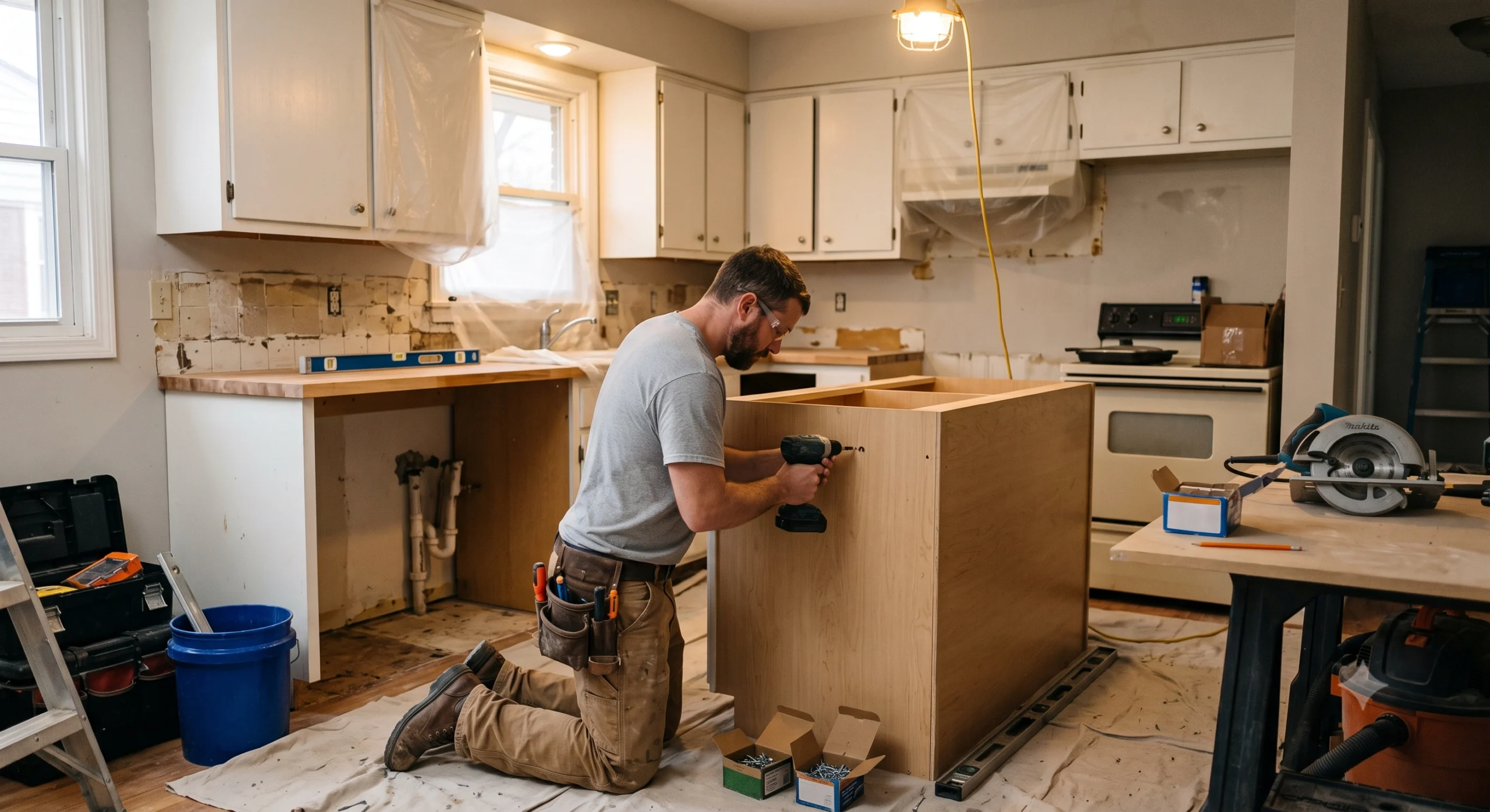 A carpenter installs a new lower cabinet in a kitchen, a project for a General Contractor Enumclaw WA.