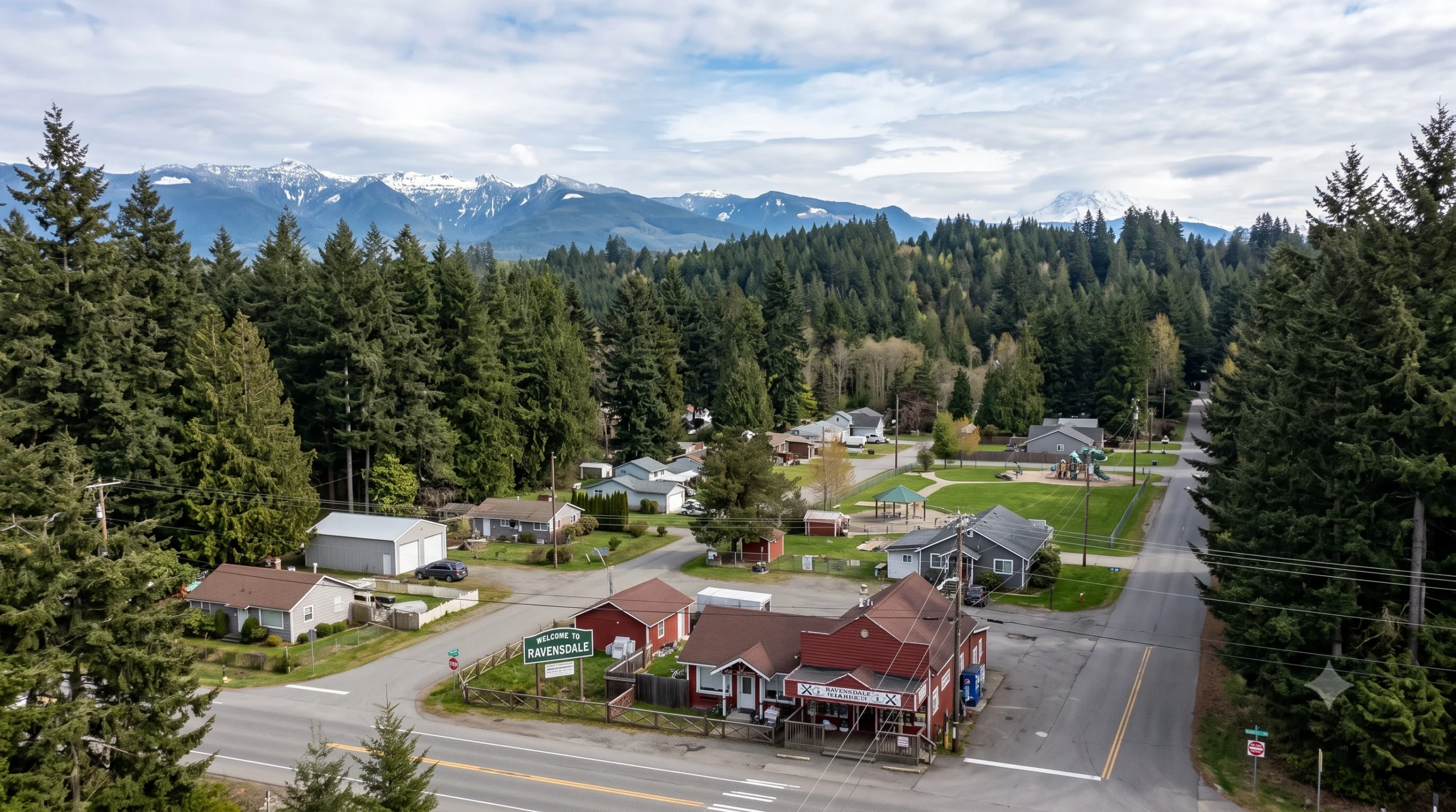 Scenic town view of Ravensdale with mountains, ideal for projects managed by a skilled General Contractor Ravensdale WA.