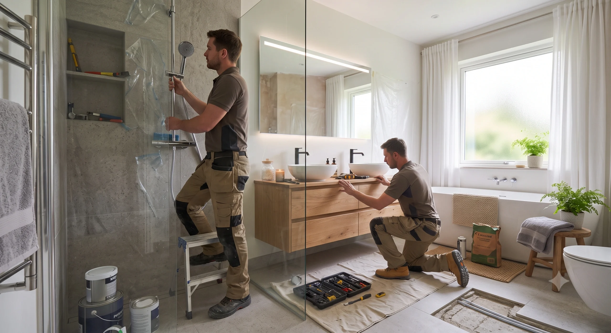 Two contractors installing a modern wooden vanity and fixing a shower fixture in a bright bathroom.