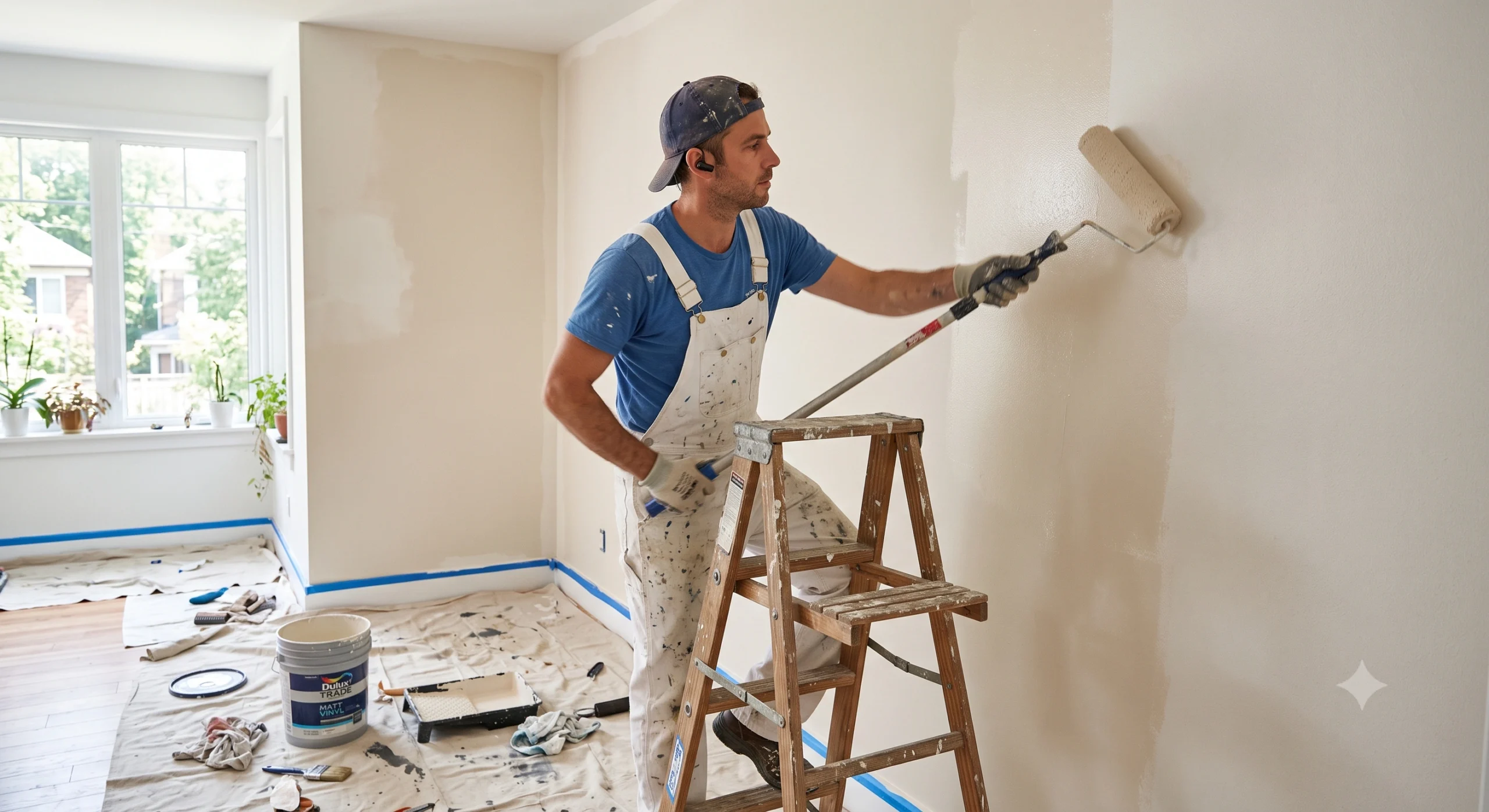 Painter in white overalls standing on a wooden ladder, applying beige paint to a room wall with a long roller.