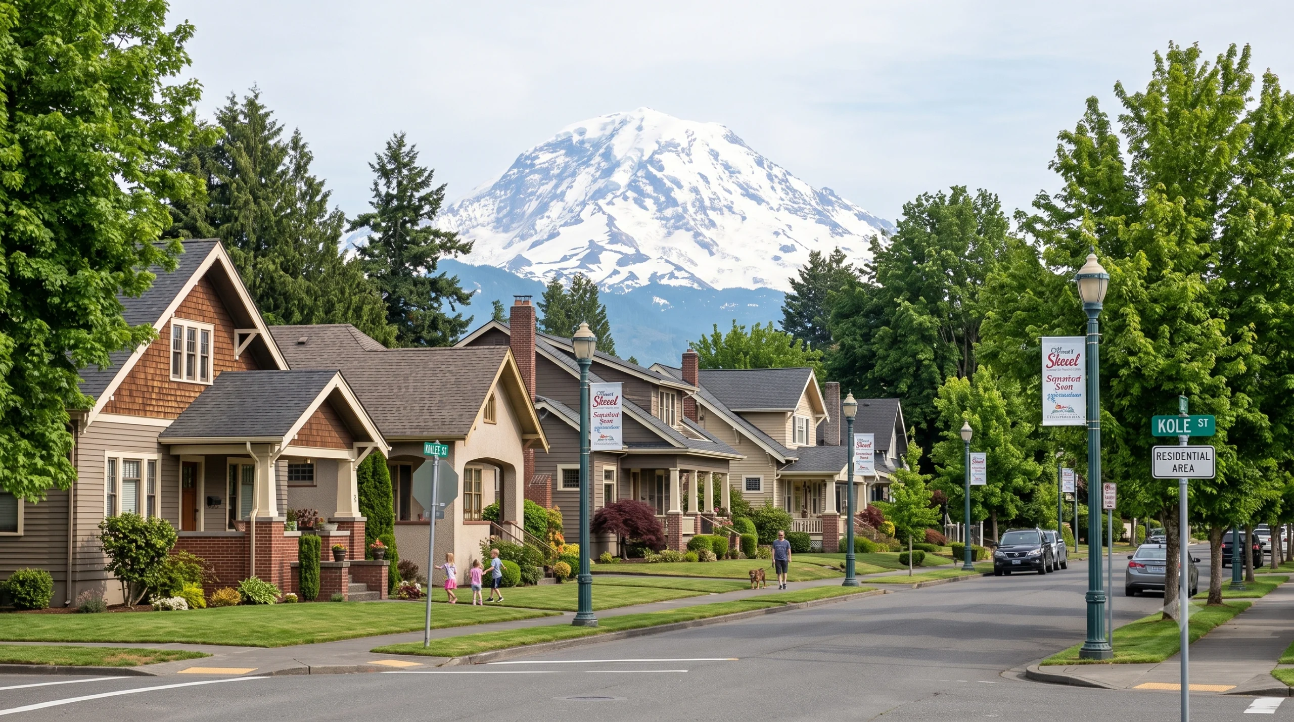 Craftsman style homes along a tree lined residential street beneath Mount Rainier, represented by a General Contractor Enumclaw WA.