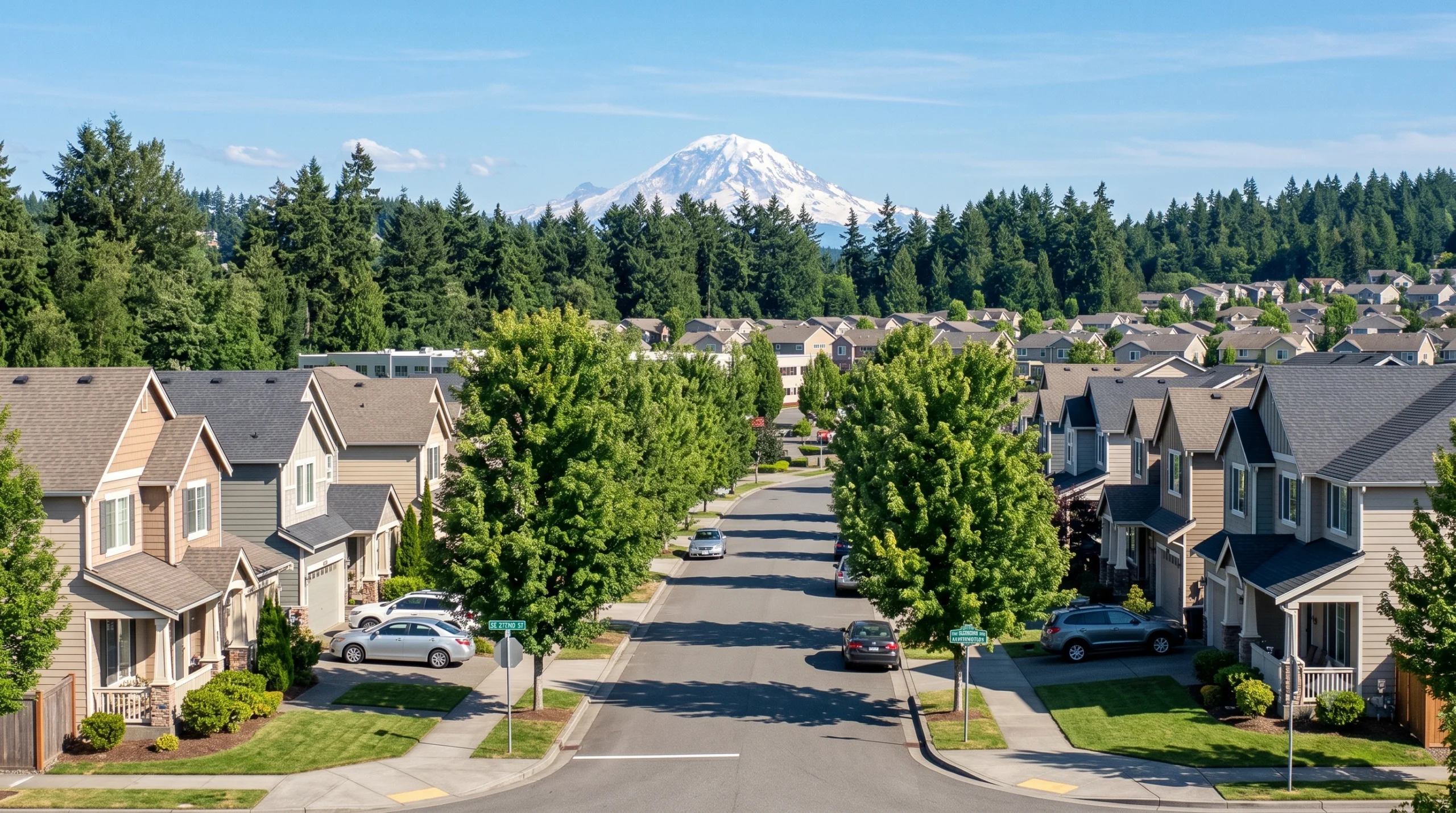 Suburban neighborhood with custom homes built by a General Contractor Covington WA beneath Mount Rainier.