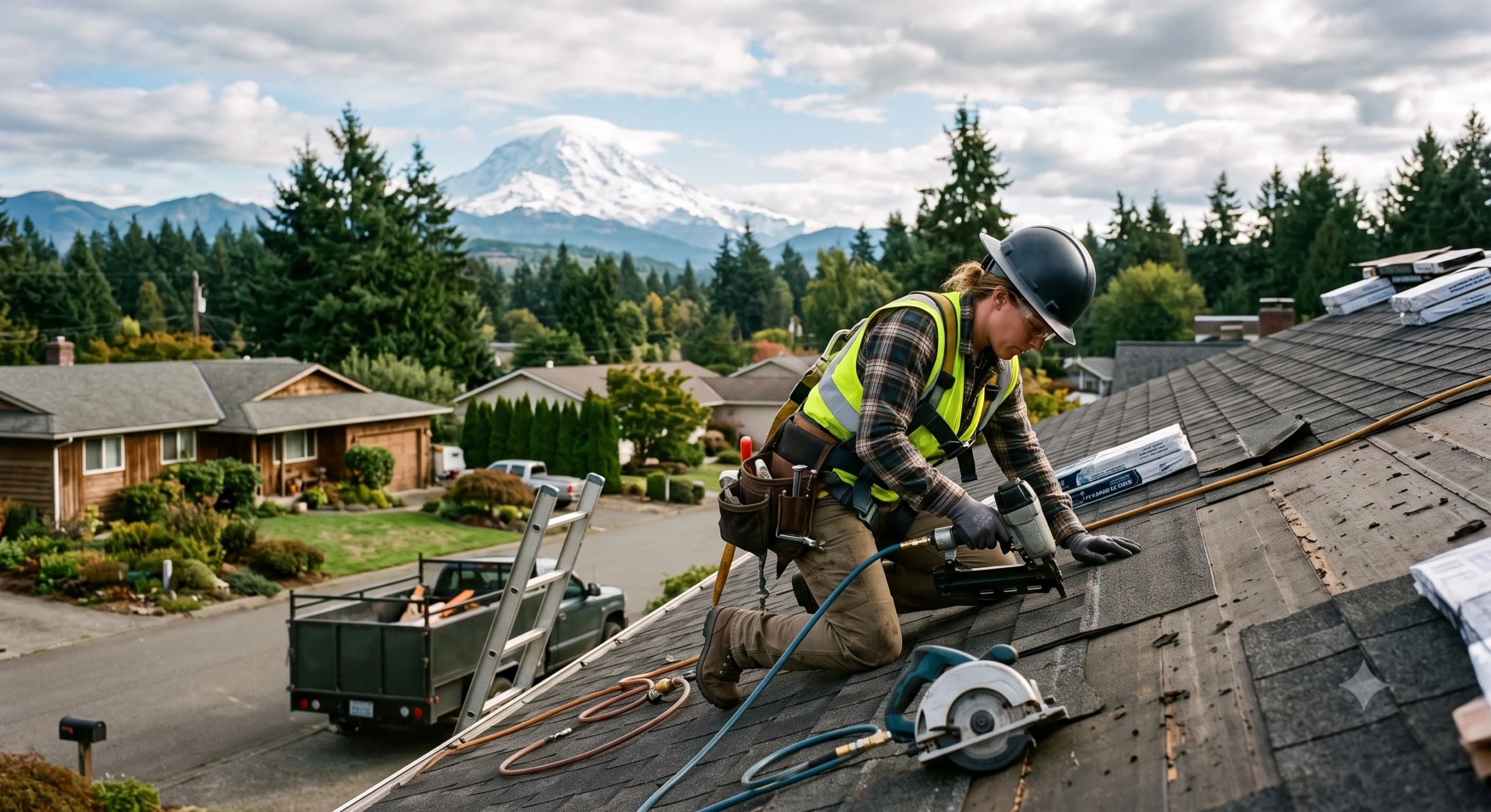 Female roofer installing asphalt shingles on a home with Mount Rainier behind, assisted by a General Contractor Enumclaw WA.