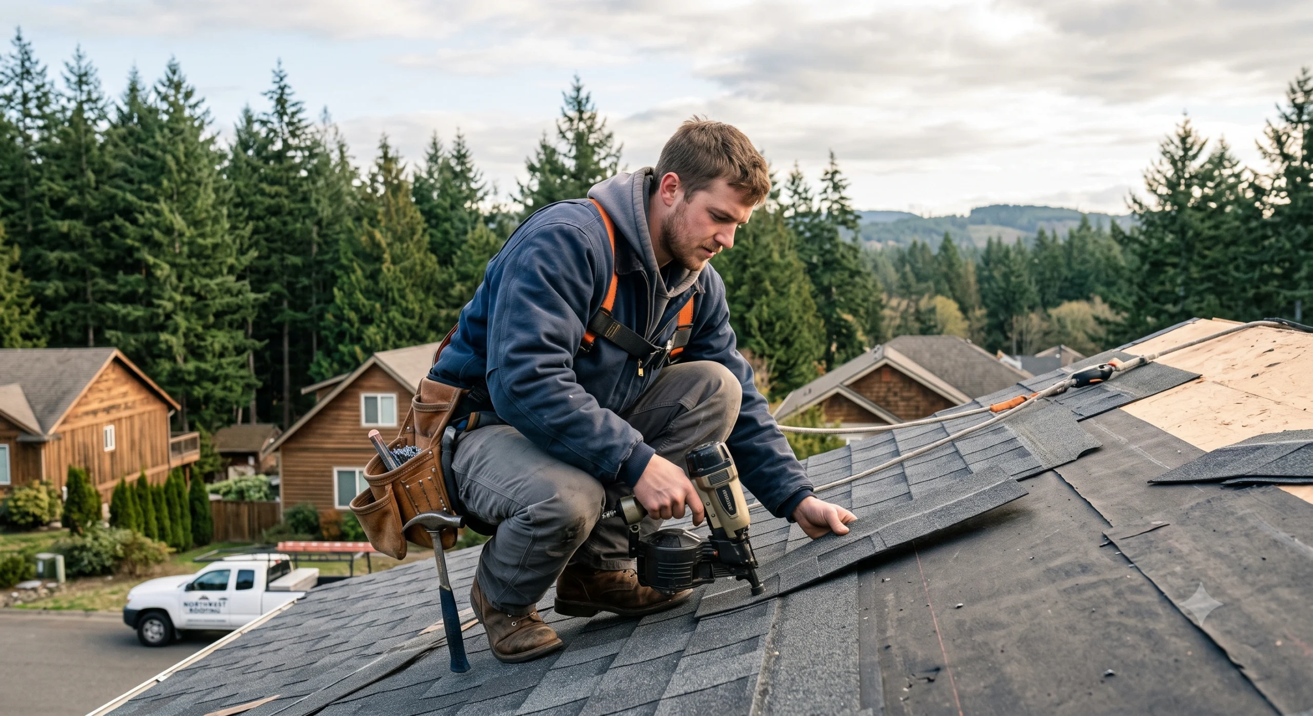 Roofer with nail gun installing shingles on a house roof, overseen by a trusted General Contractor Ravensdale WA.