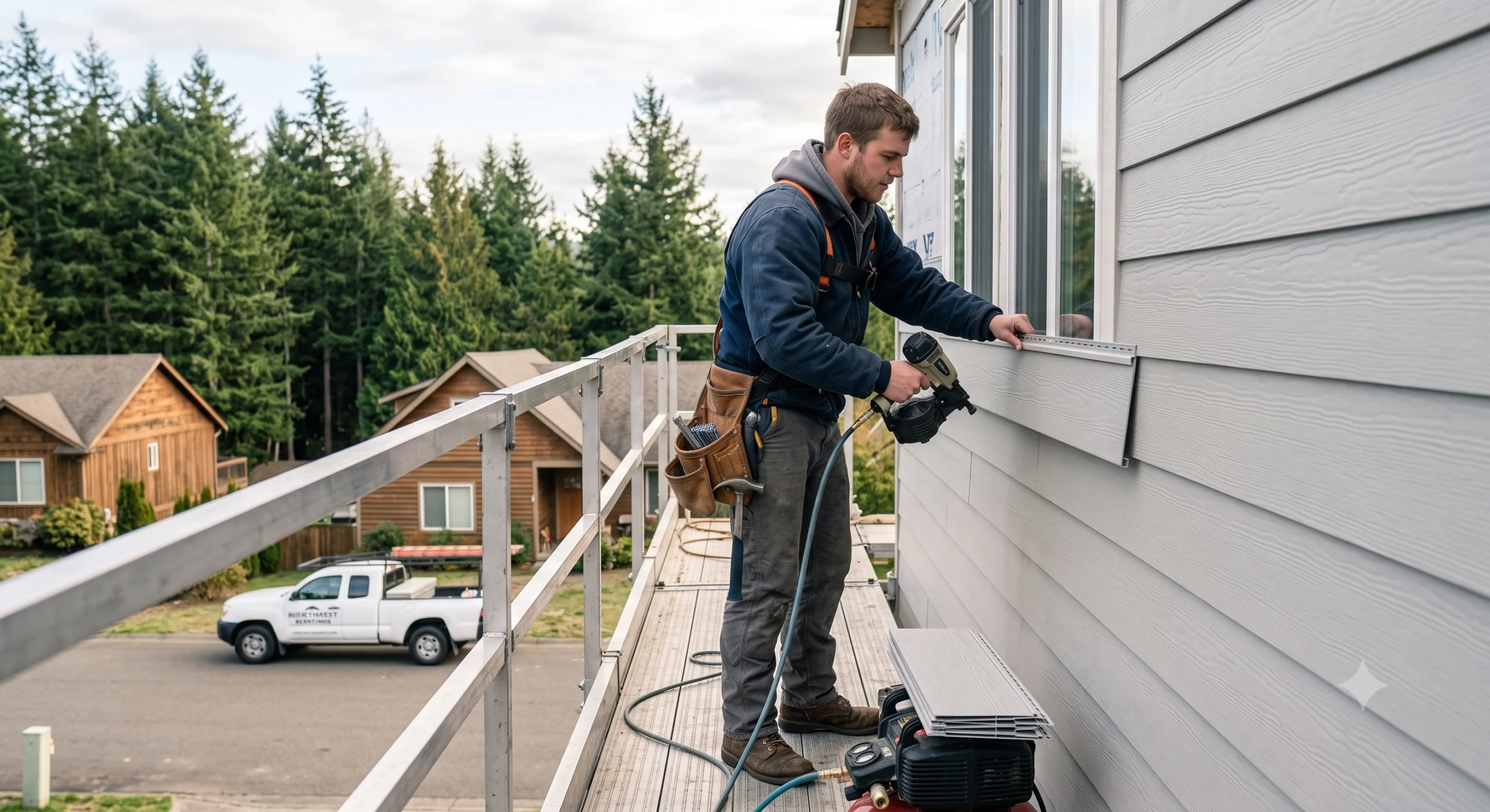Carpenter installing light grey siding on a house with a pneumatic nailer, a project by a general contractor Ravensdale WA.