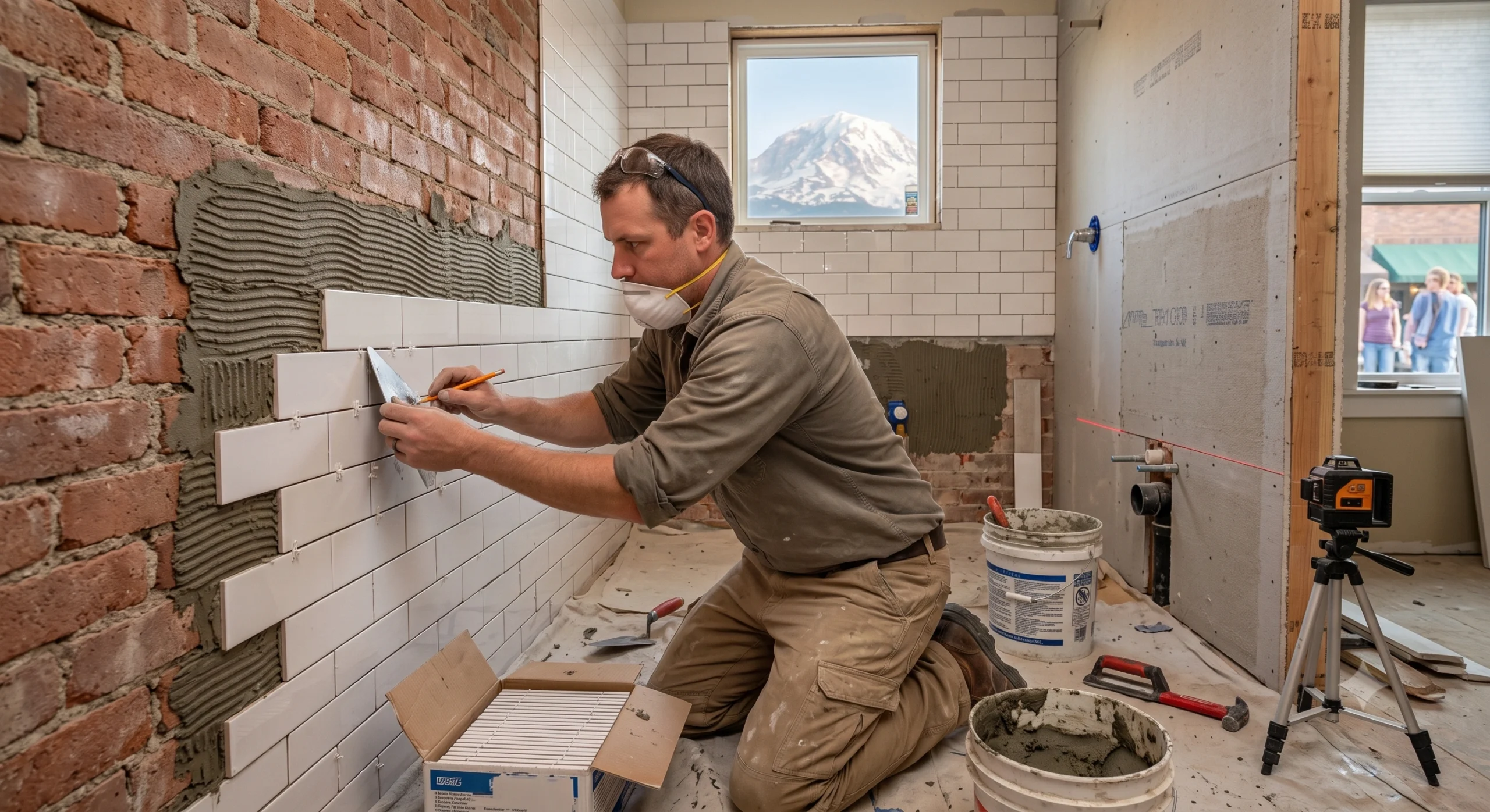 Tiler installs subway tile in a bathroom near an exposed brick wall, overlooking a mountain, with a laser level from a General Contractor Puyallup WA.